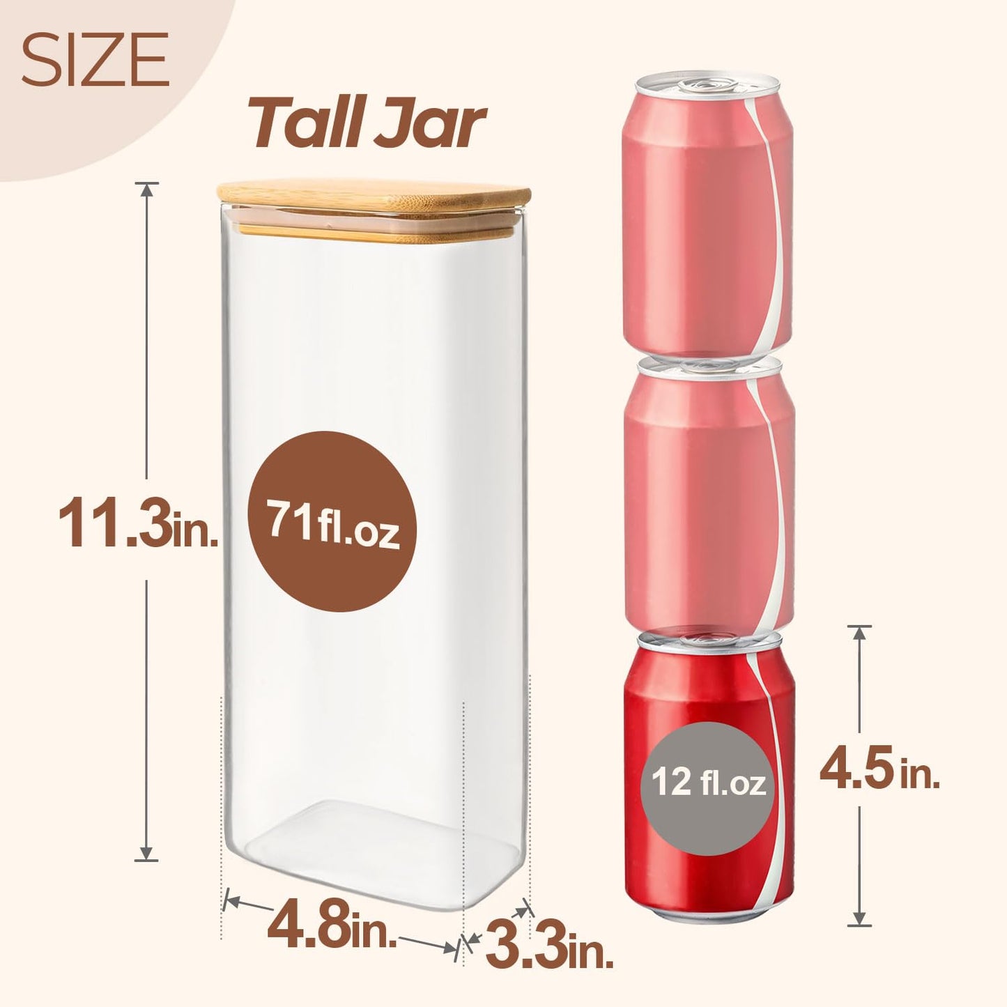 ComSaf 2100ml Rectangle Glass Storage Containers with Lids, Glass Jars with Bamboo Lids, Clear Food Storage Jar, Tall Spaghetti Container, Pantry