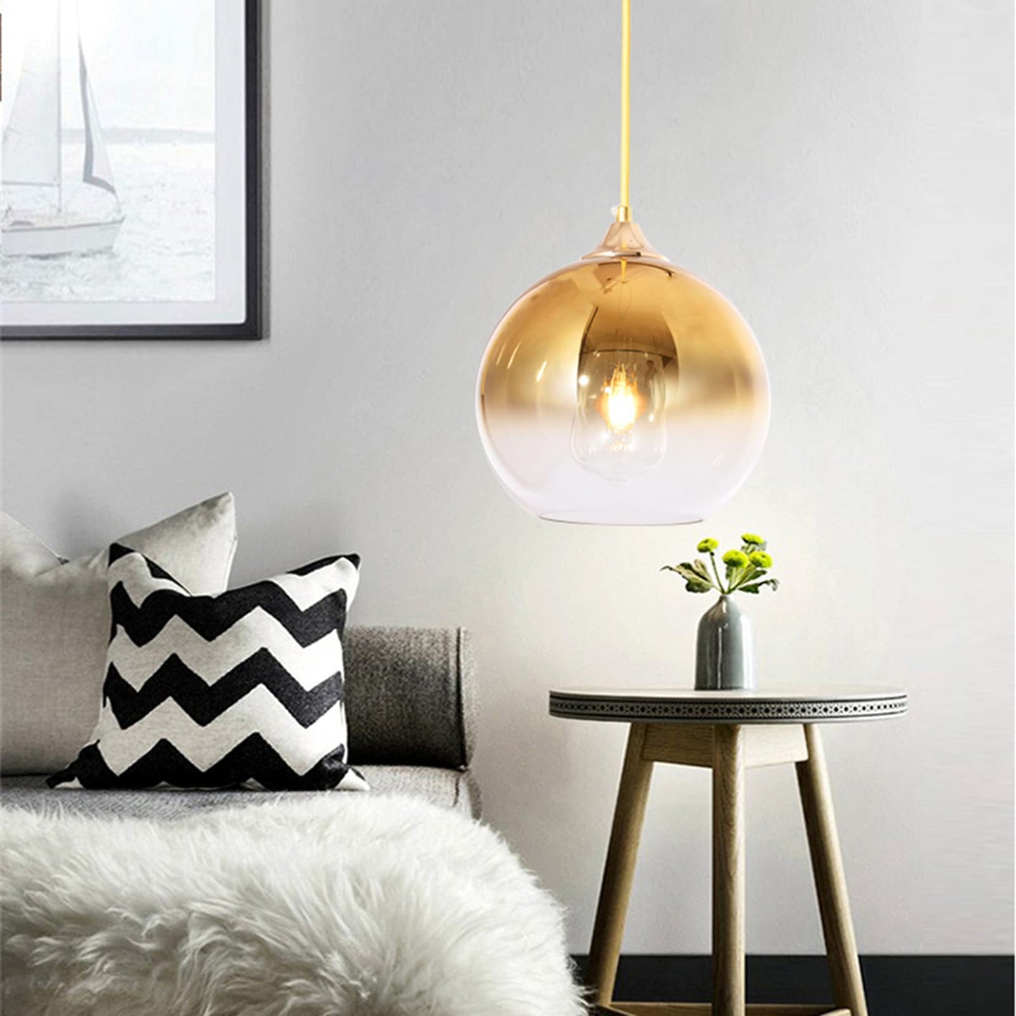 MZStech Spherical Gradient Color Glass Pendant Light Modern Glass Globe Lamp Chandelier Hanging Light (Gold, 20cm)