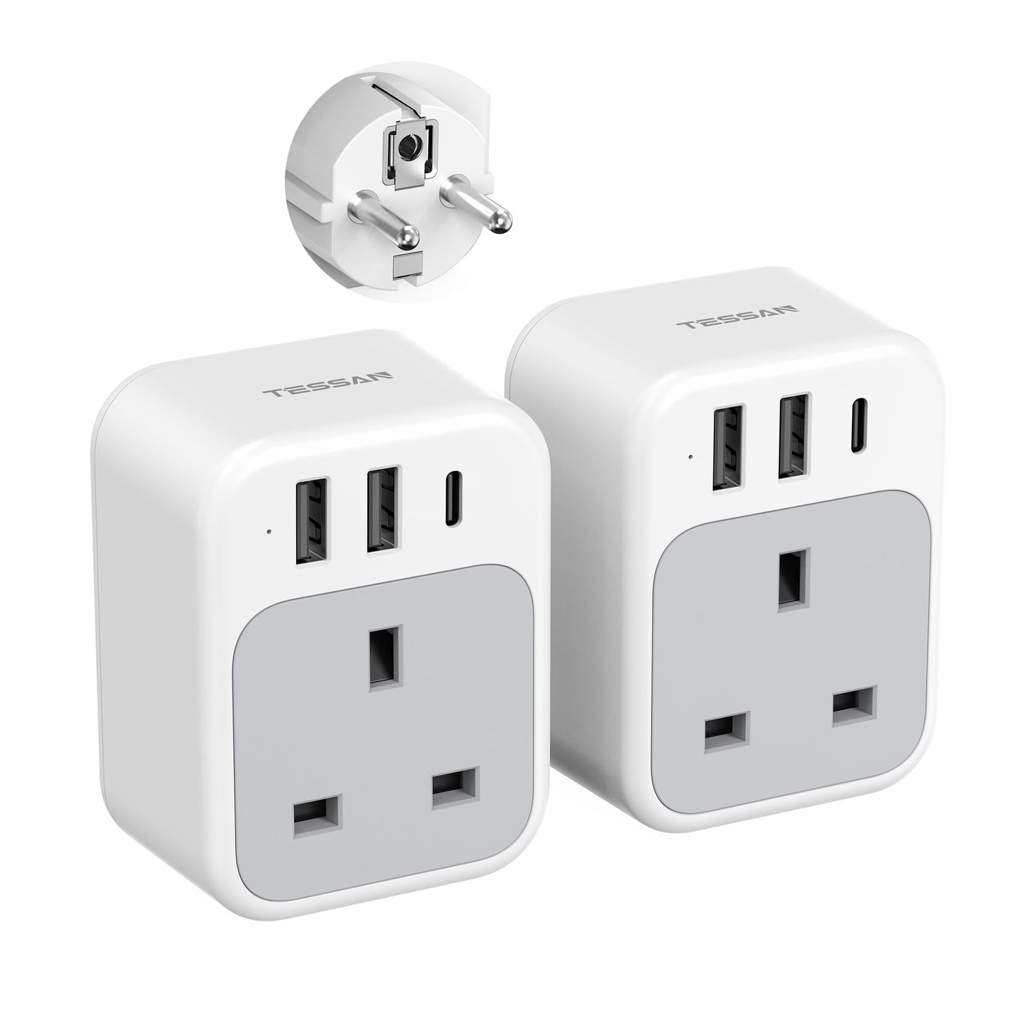 TESSAN UK to European Plug Adapter 2 Pack, USB C Travel Adapter UK to Europe with 3 USB, 4 in 1 Type E F EU Plug for Euro Spain France Turkey Germany
