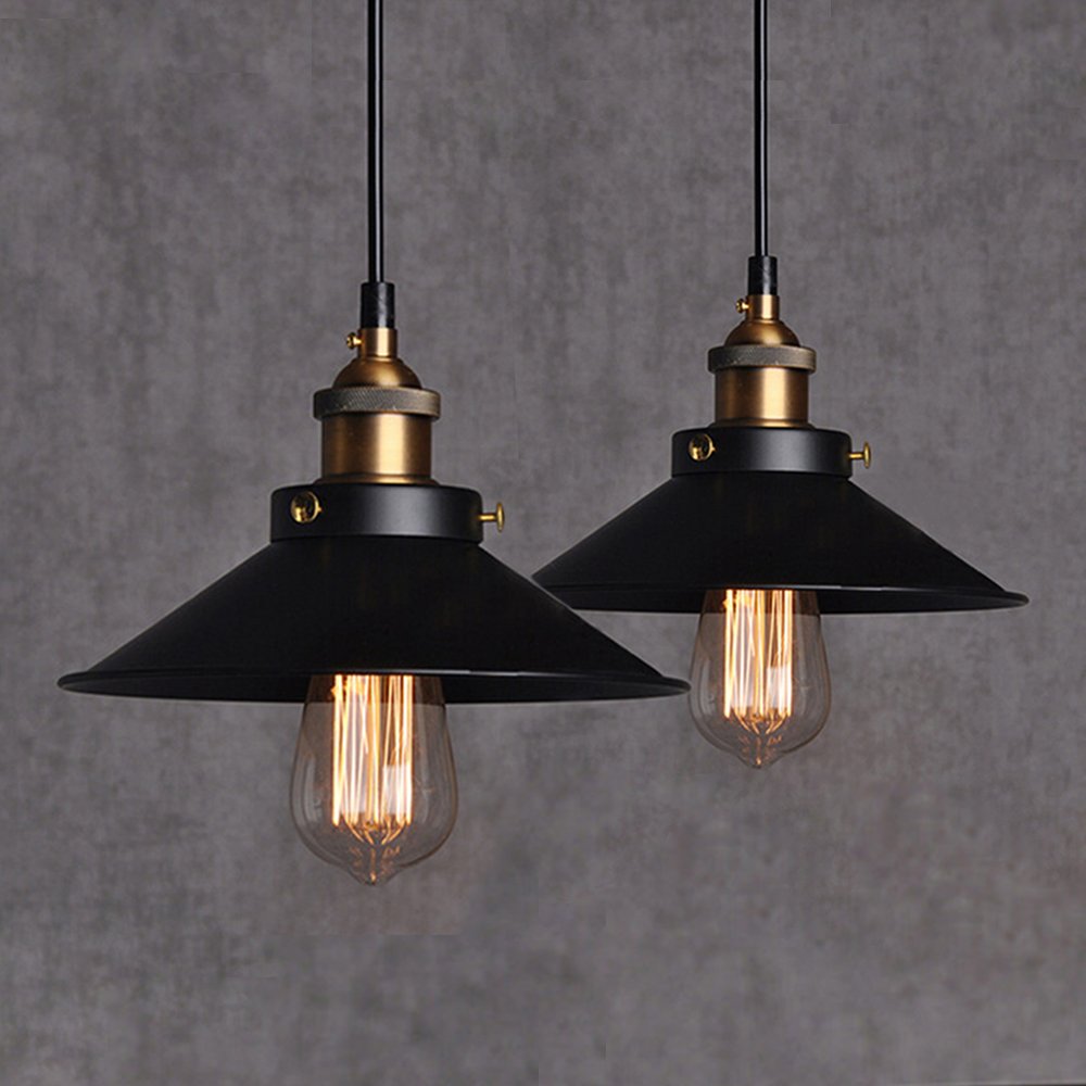 Chrasy 2 Packs Vintage Ceiling Light Industrial Style Pendant Lighting Edison Black Metal Lamp Shade Lighting Fixture for Kitchen Living Room