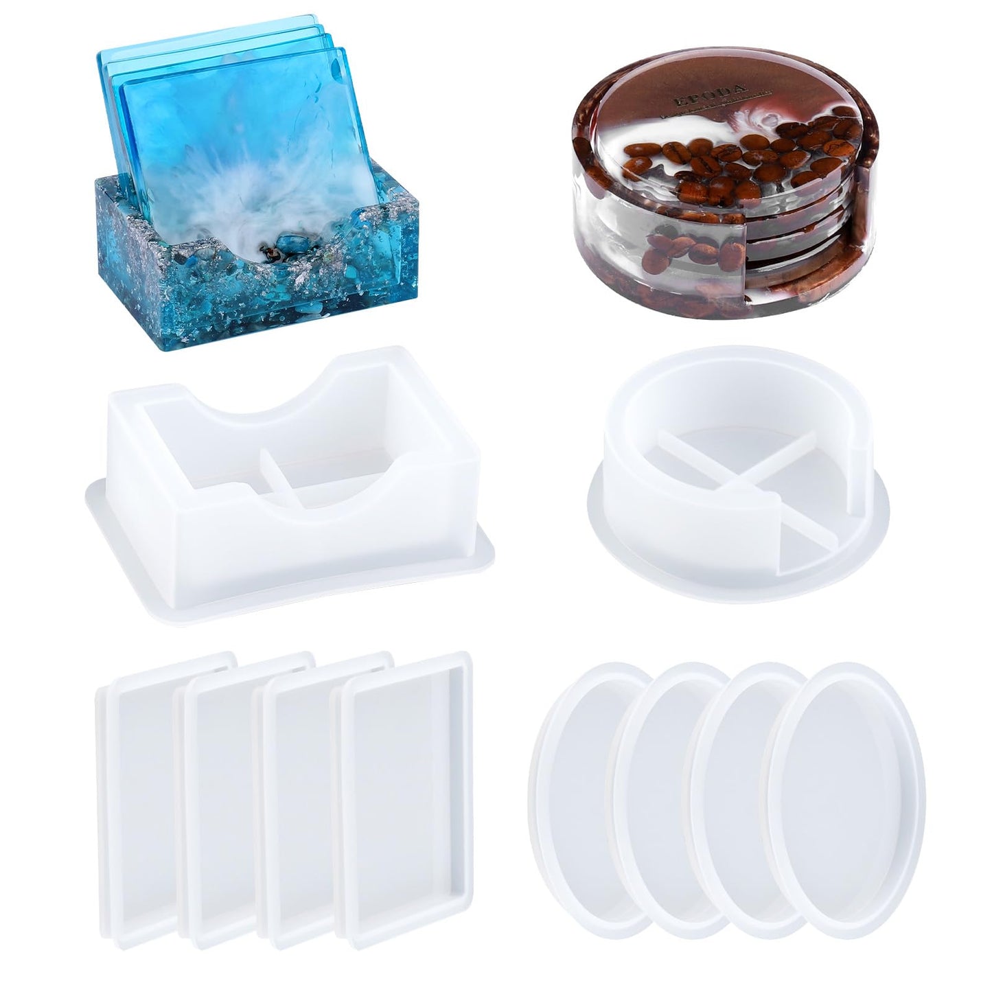 EPODACoaster mould Epoxy Resin & Silicone Coaster Molds with Holder, 8 Pieces Round & Square, DIY Casting Molds