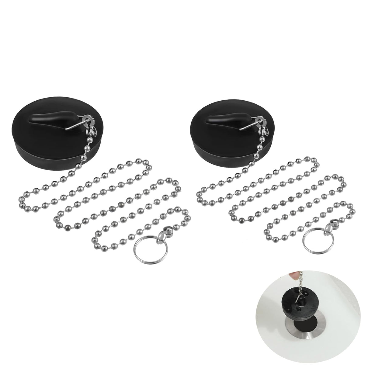 Yeenano Sink Plug,2 Pcs Kitchen Sink Plug Universal Rubber Drain Stopper with Stainless Steel Chain Sink Plug Replacement For Bathtub Sink Bathroom