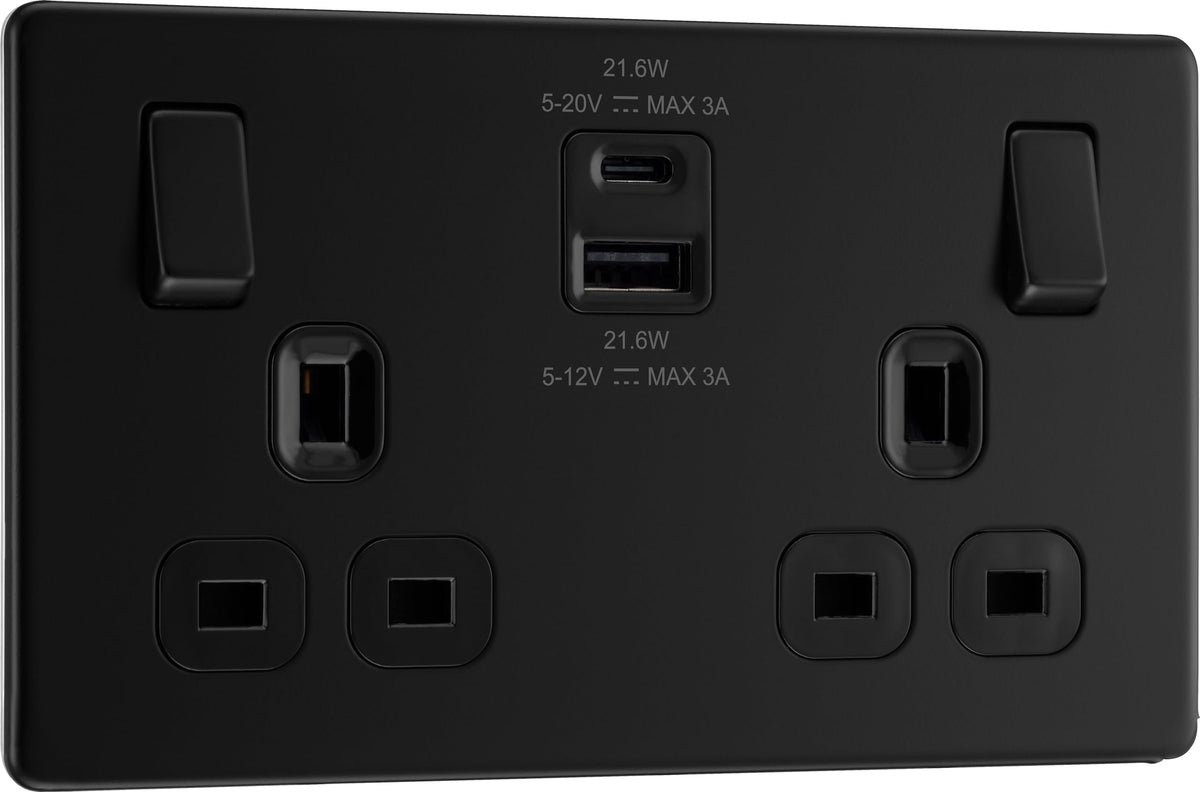 BG Electrical 22W Double Switched Power Wall Plug Socket with Fast Charge Type A and C USB Ports, Screwless, Flatplate, Matt Black, 13A, FFB22UAC22B