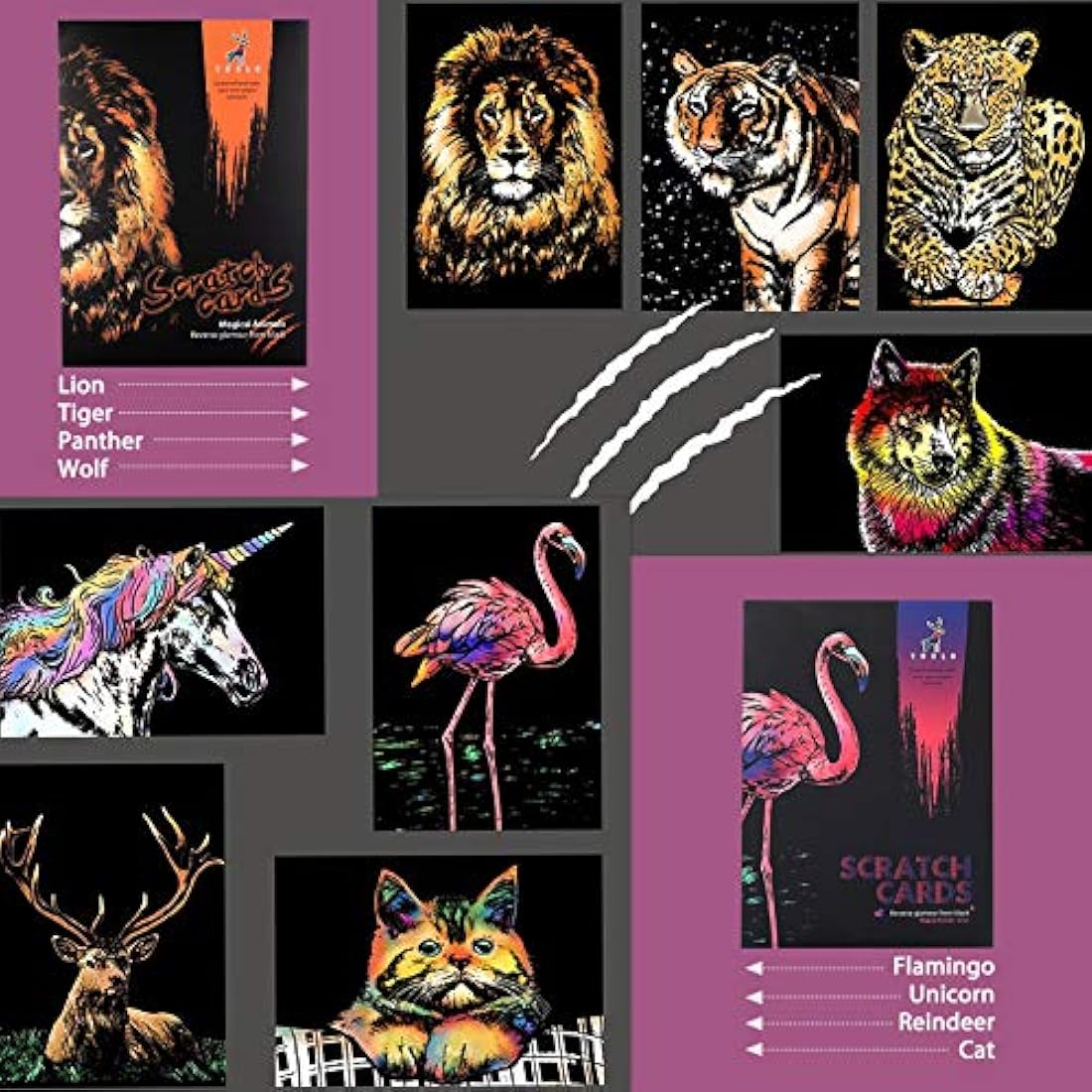 metagio 8PCS Scratch Art Paper A4 Animals Art Paper Rainbow Painting Engraving Art Sets with Scratch Drawing Pens and Cleaning Brush