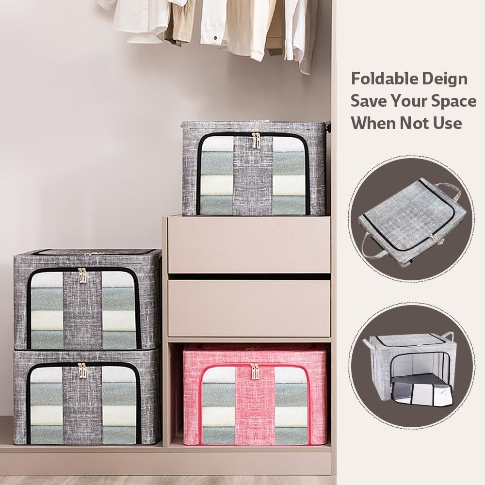GUYAQ Clothes Storage Boxes 2PCS 66L, Folding Storage Bag with Fabric Steel Frame, Closet Organizer with Opening Zips for Storing Bedding, Blankets