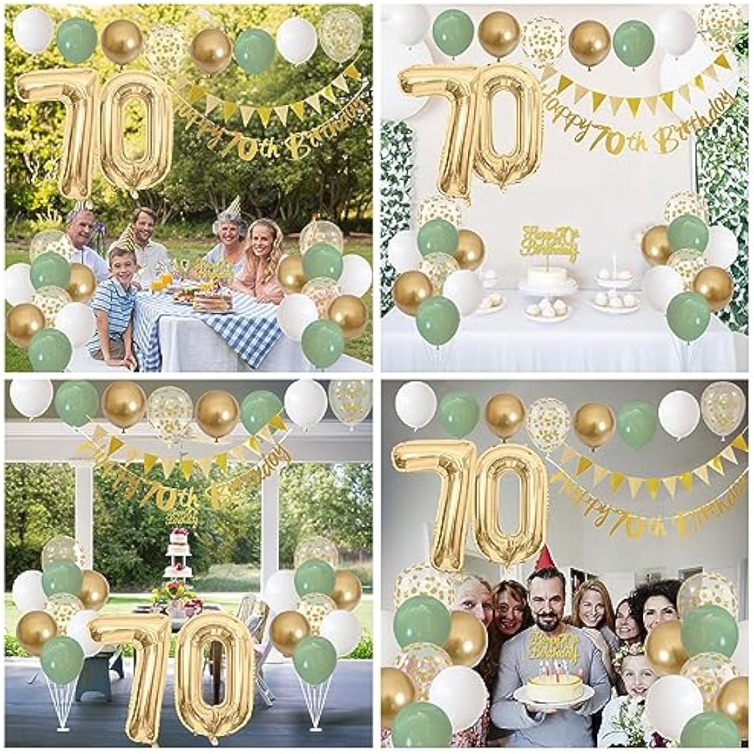 70th Birthday Decorations for Men Women - Sage Green White Gold Balloons with Happy Birthday Banner, Cake Decoration, Number 70 Balloon for Year Old Party Decor