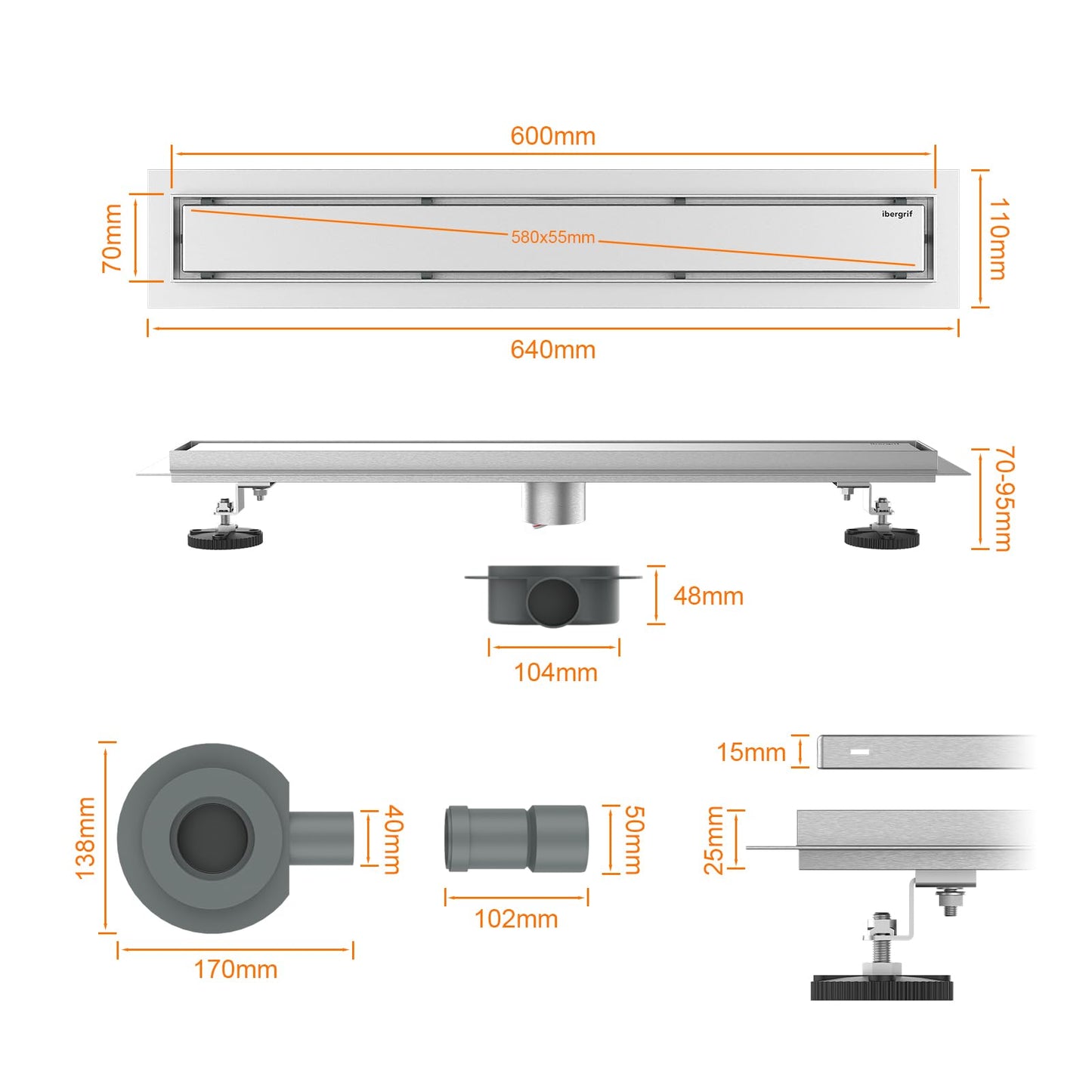 Ibergrif M42001-60 Linear Shower Drain 600mm, 2 in1 Double-sided Tile Insert Stainless Steel Invisible Bathroom Floor Drain Set with Odor Stop and