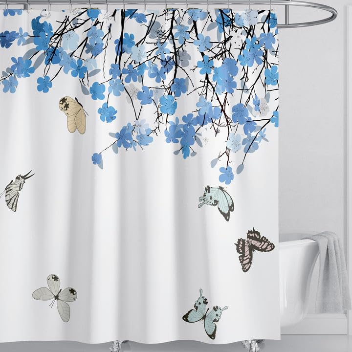 LIVETTY Blue Shower Curtain Butterfly Shower Curtains 200x200 cm With 12 Hooks Washable Quick-Drying Curtains
