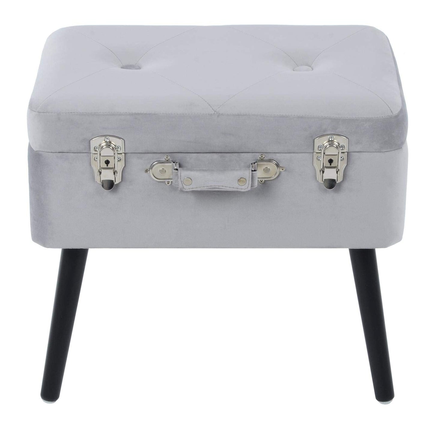 Hodge and Hodge Suitcase Storage Stool Velvet Padded Seat Black Legs Silver Latch Trunk Silver Grey