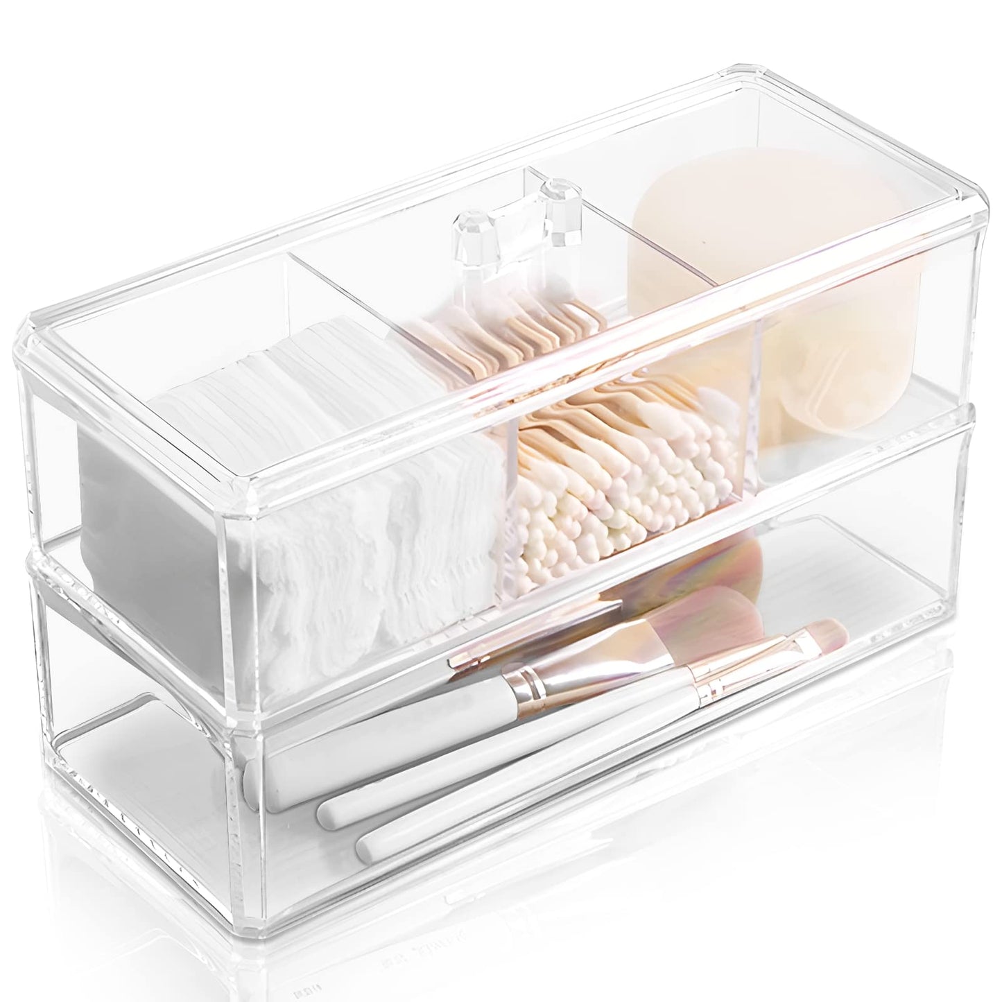 KIMCHOMERSE Qtip Holder Dispenser, 2Layer Cotton Ball Holder for Cotton Swab, Cotton Pad Container for Bathroom Vanity Countertop Storage, Drawer