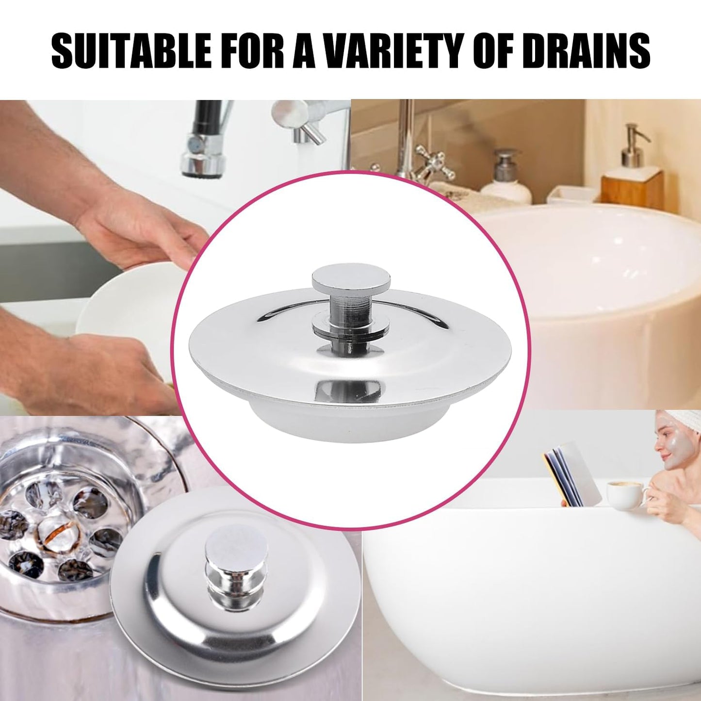 Universal Bath Plug for 40-45mm Holes - Stainless Steel Drain Stopper for Sinks and Bathtubs - Anti-Leak Design with Secure Fit