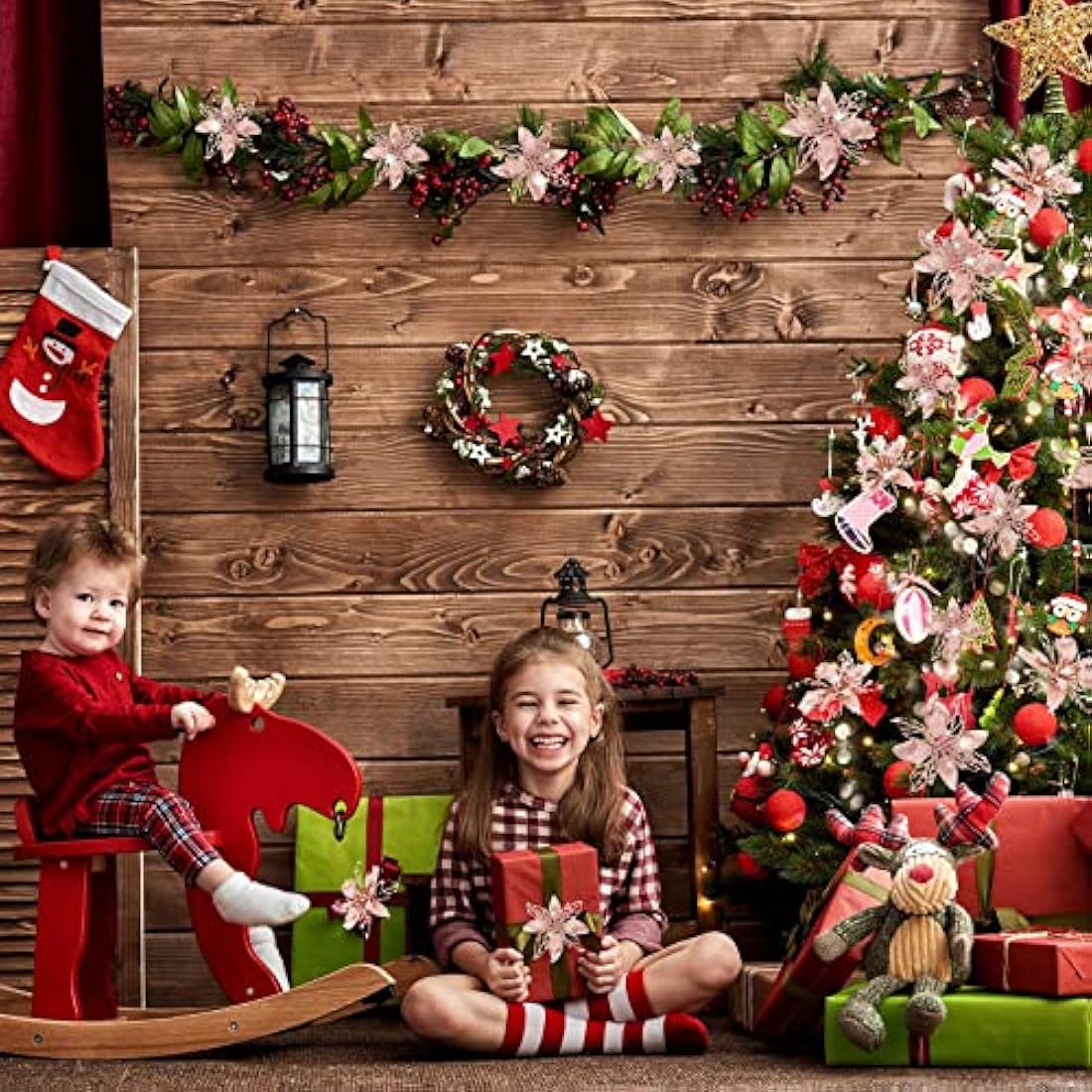Boao 24 Pieces Christmas Glitter Artificial Poinsettia Flowers Christmas Flowers Decorations Wedding Xmas Tree New Year Ornaments (Rose Gold)