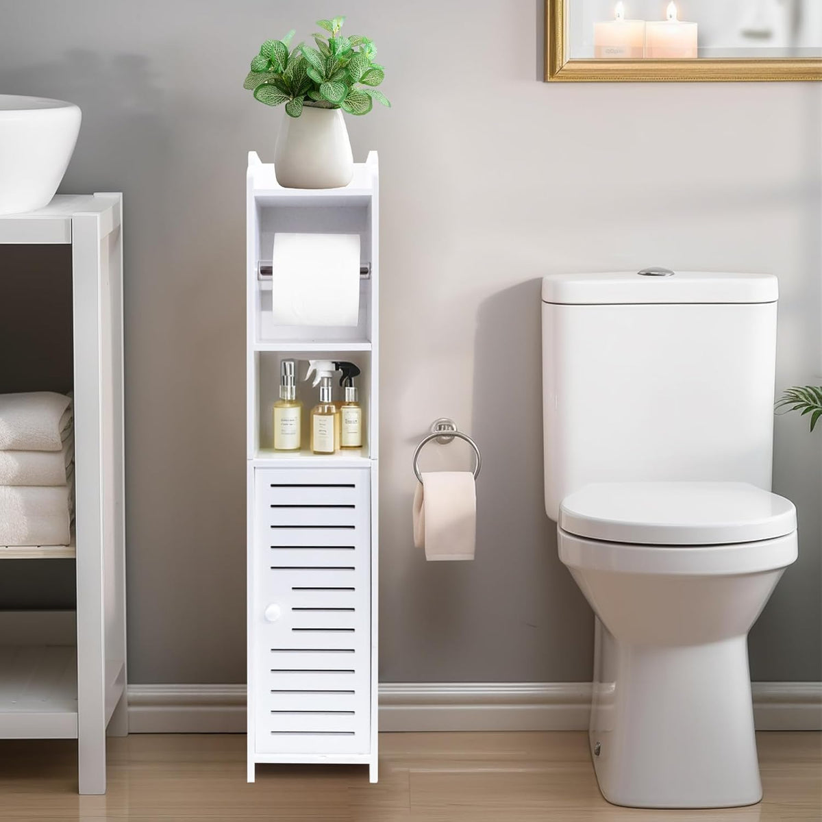 powerking Toilet Paper Roll Holder Stand for Small Space, White Toilet Storage for Restroom Cabinet with Doors and Shelves, Slim Floor Standing