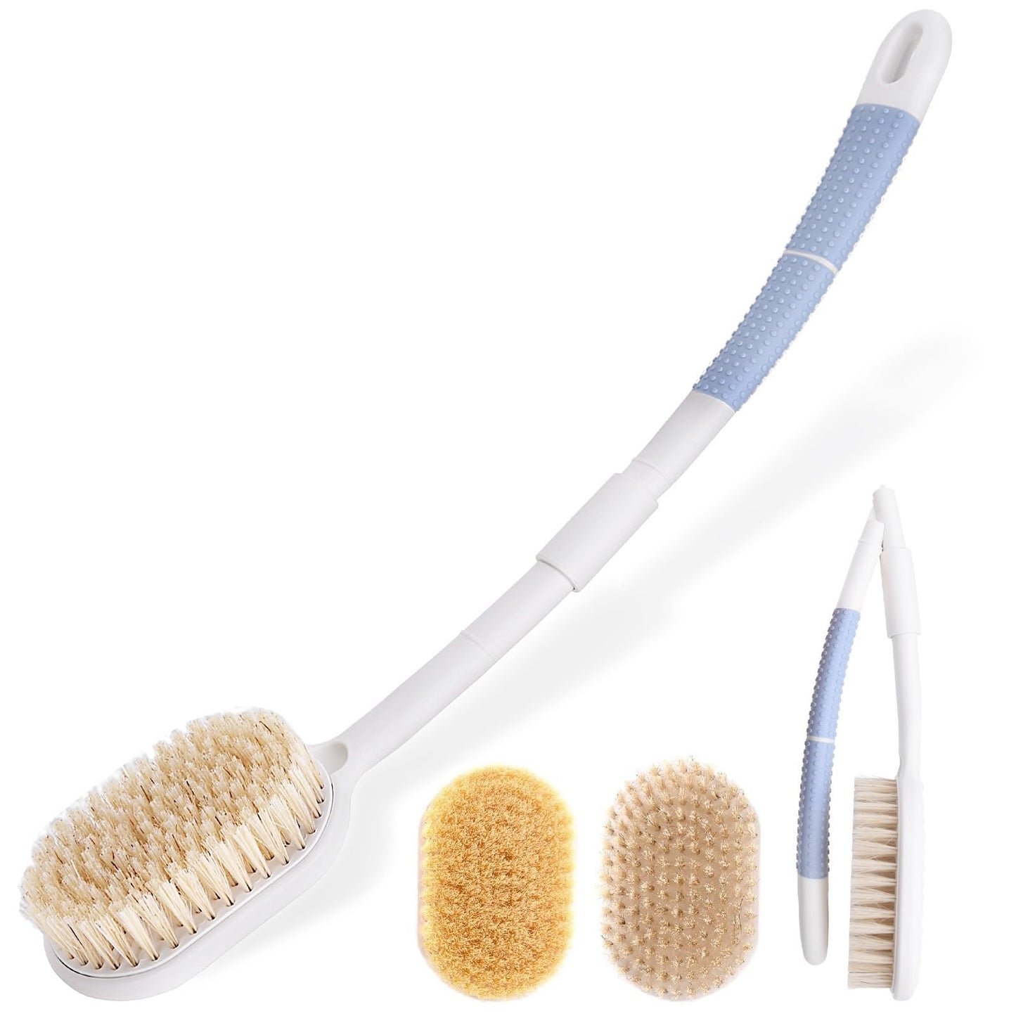 Wiseten Foldable Back Scrubber with Long Handle, 2 in 1 Body Scrubber for Shower with Replaceable Brush Heads, Shower Brush with Curved Handle for