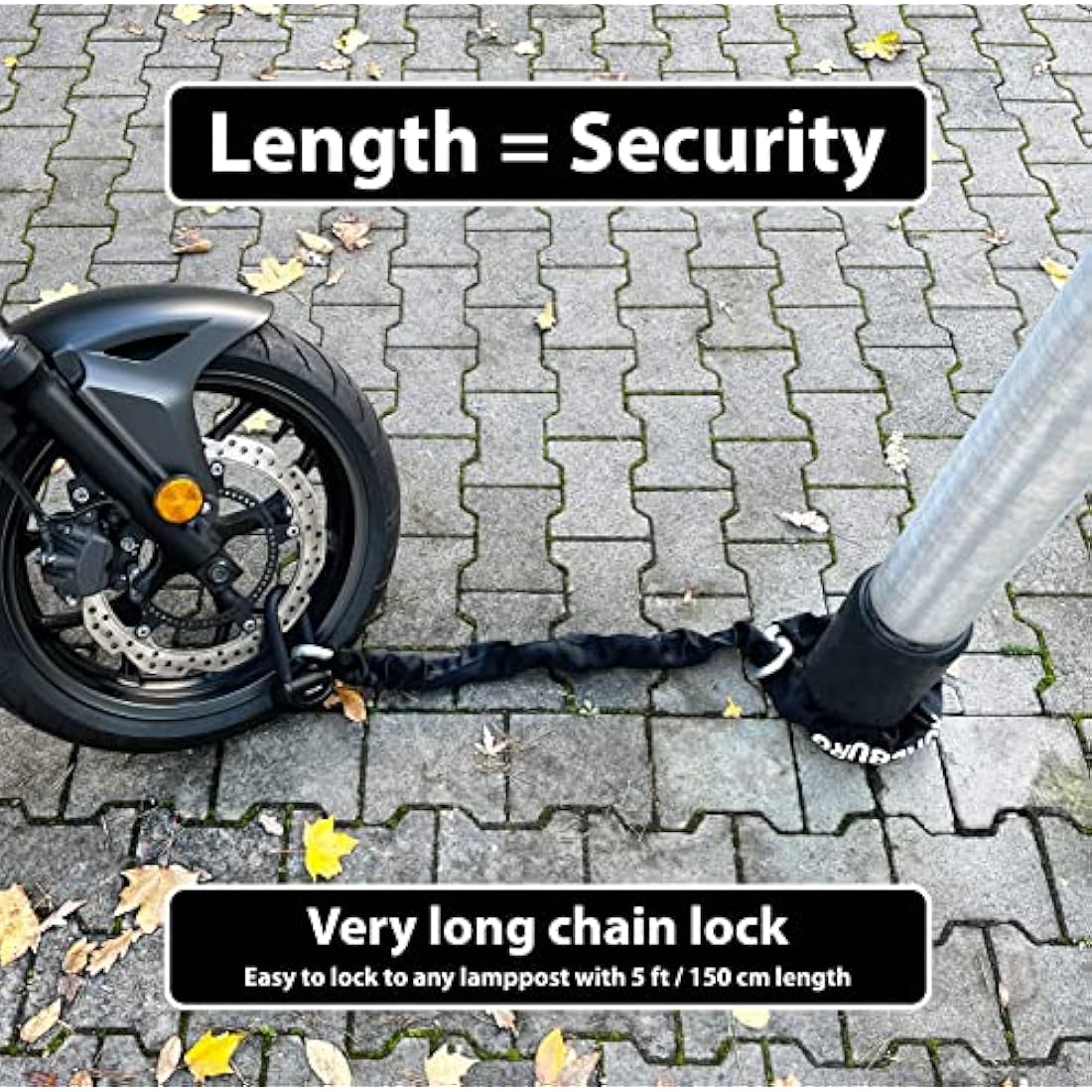 KOHLBURG 6 kg Massive Motorcycle Security Chain Lock - 150cm Long with Our Highest Security Level 10plus of 10 - Heavy Duty 13mm Steel Chain as Anti Theft Motorcycle Lock, Scooter & ebike Lock