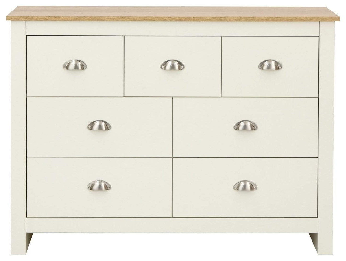 GFW Lancaster Wooden 7 Drawer Chest With Steel Cup Handle & 28.4 Litre Drawers, Modern Bedroom Furniture Chest Of Drawers Storage Unit, Contrast Oak