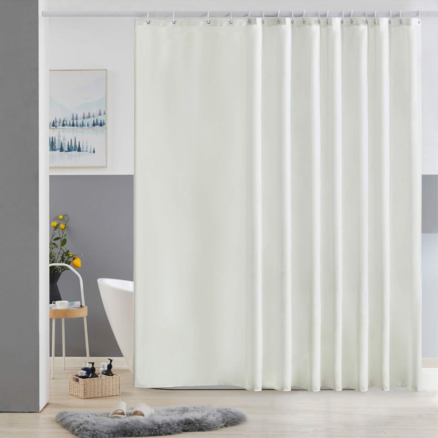 Furlinic Extra Wide Shower Curtain Fabric Washable Mould Proof Waterproof for Bathroom Beige Bath Curtains Sets With 18 PCS Plastic Hooks Dark Grey