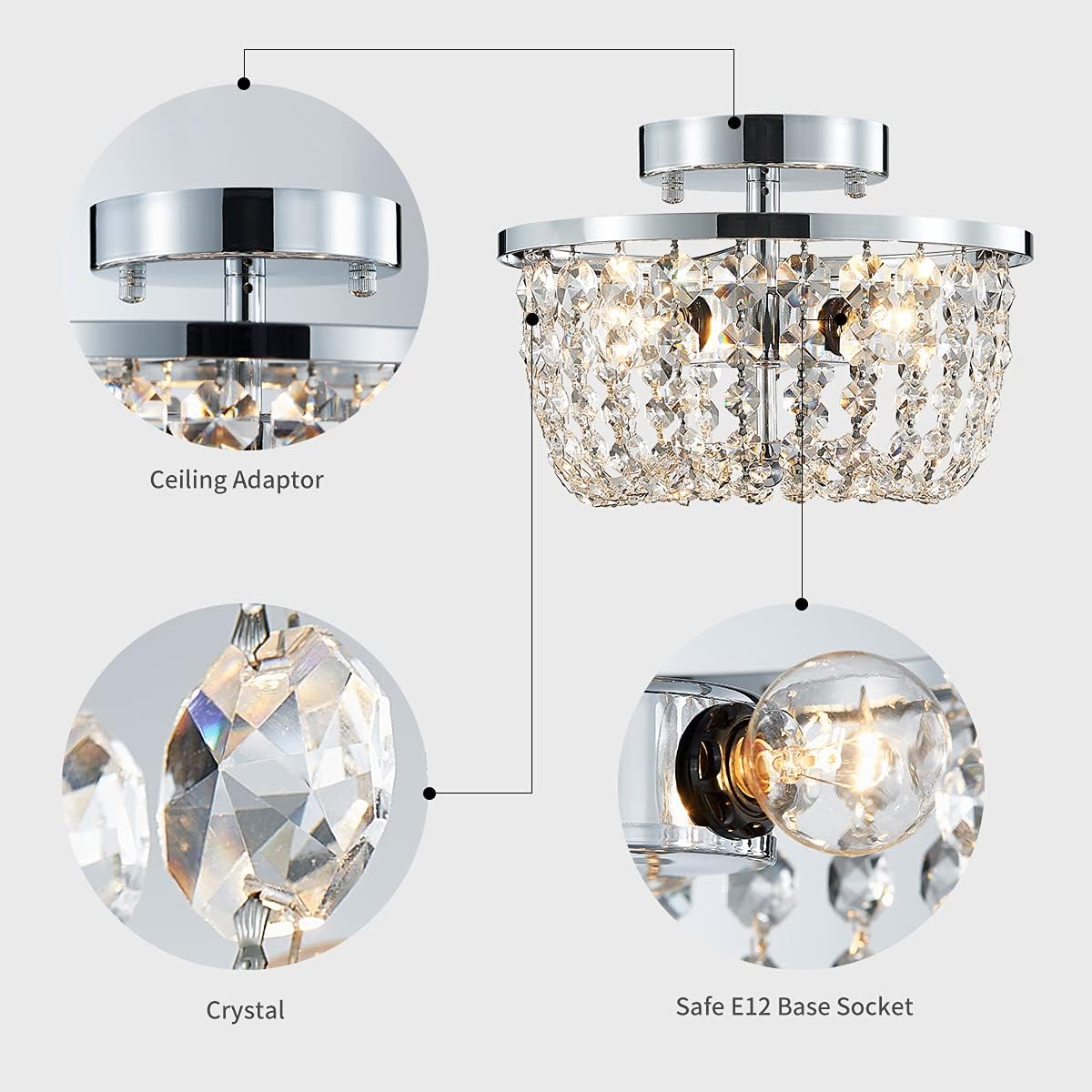 WUZUPS Crystal Chandelier Semi-Flushmount Ceiling Light Modern Lighting Fixture for Bedroom Hallway Bar Kitchen Bathroom, H 19.3cm W 25cm, Chrome, G9