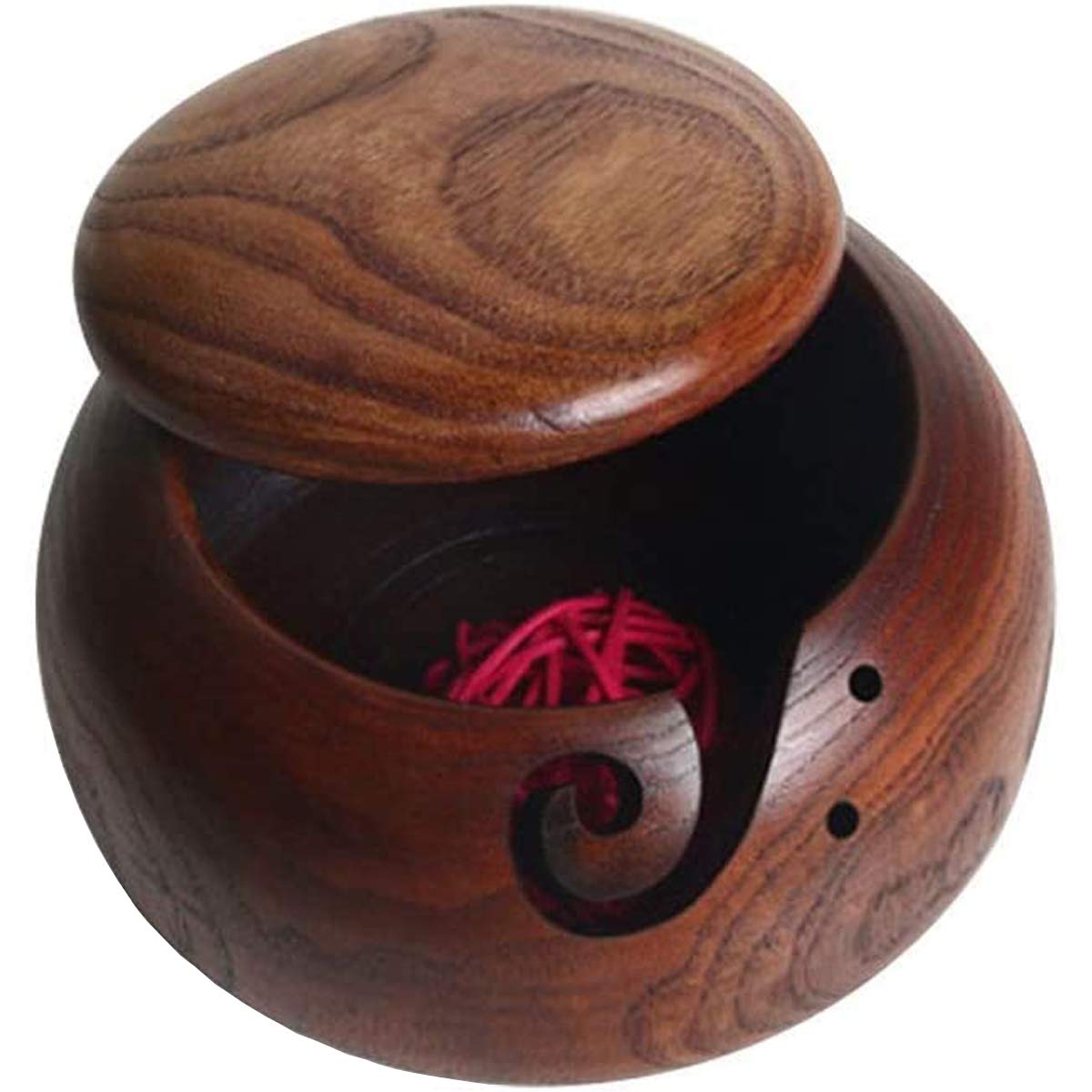 MKNZOME Handmade Yarn Bowl, 6.3 Inches Rosewood Crafted Wooden Portable Yarn Storage Bowl with Lid Knitting Crochet Accessories Wool Holder for
