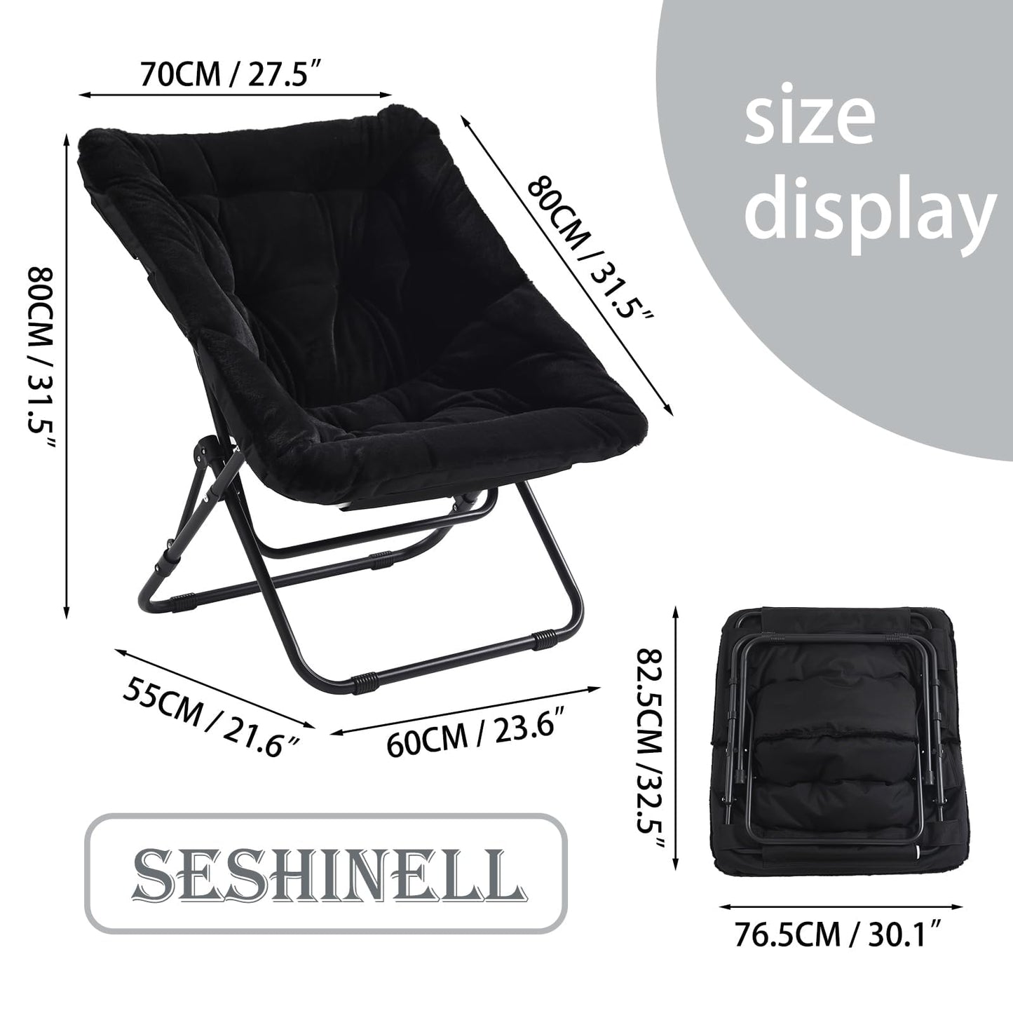 SESHINELL Comfy Saucer Chair, Oversized Foldable Faux Fur Accent Lounge Reading Lazy Chair with Metal Frame for Bedroom, Living Room, Dorm Rooms