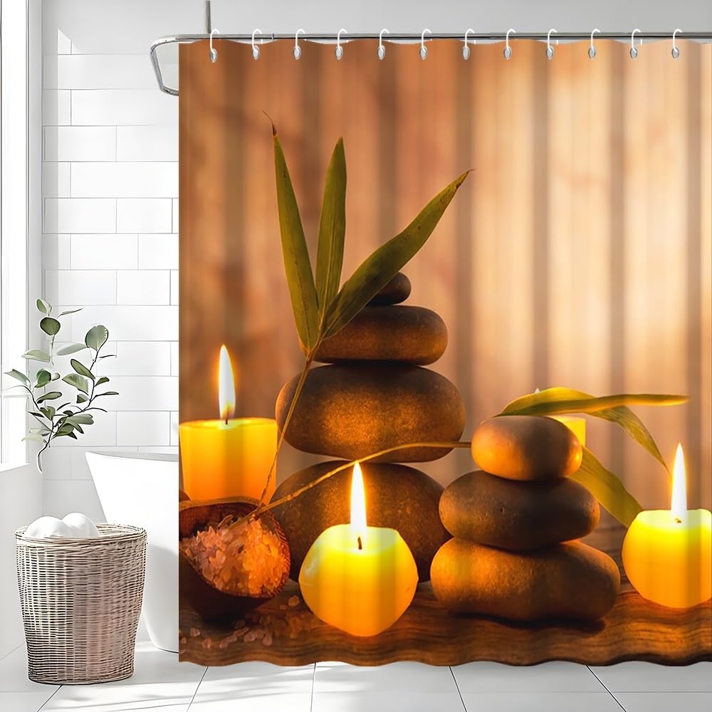 Uiiooazy Zen Shower Curtain, Green Bamboo Leaves Spa Pebble Candle Motif Brown Bath Curtain Mildew and Mould Proof Waterproof Polyester Fabric Opaque