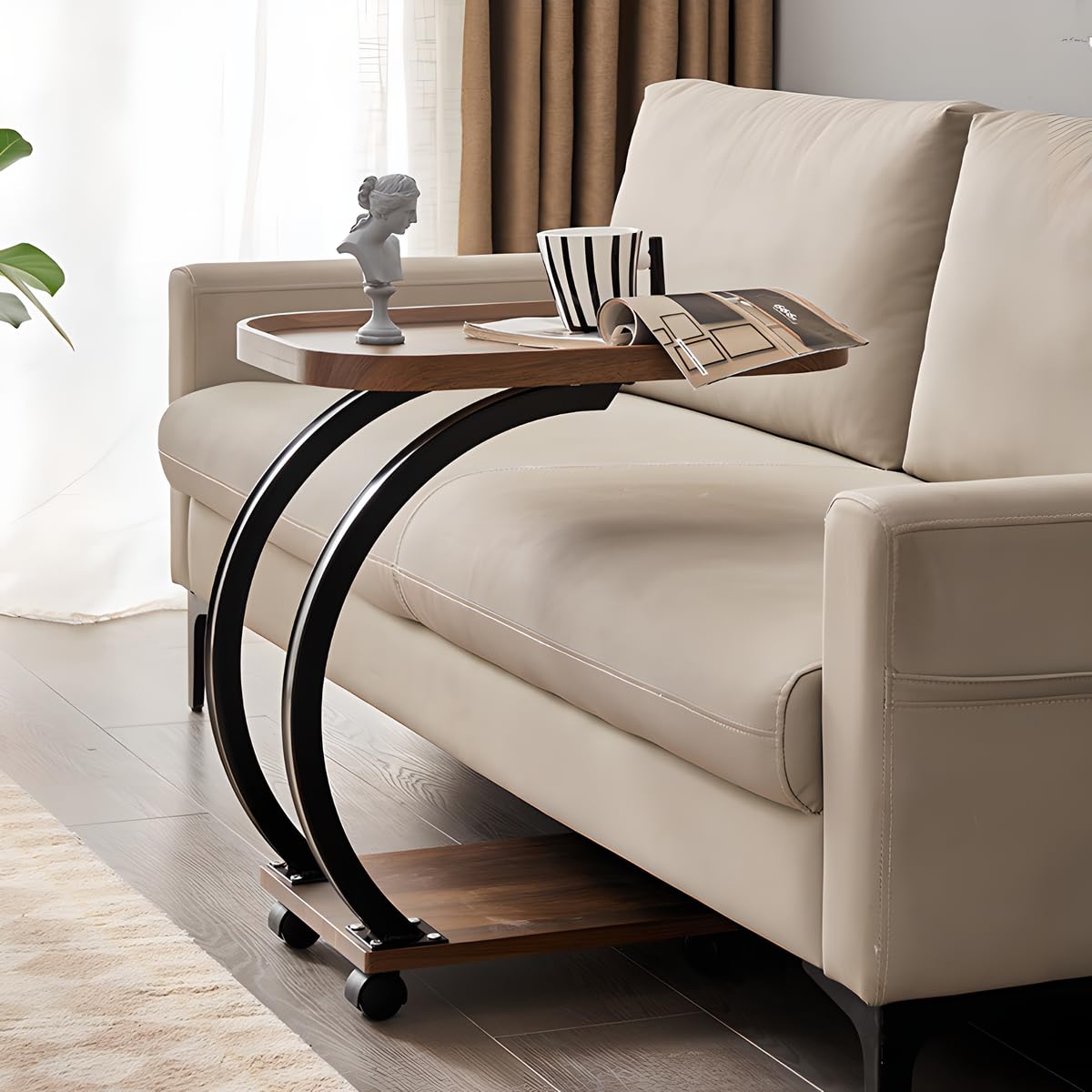 Kiss Me C-Shaped Side Table, Bedside End Table with 4 Wheels, Brown