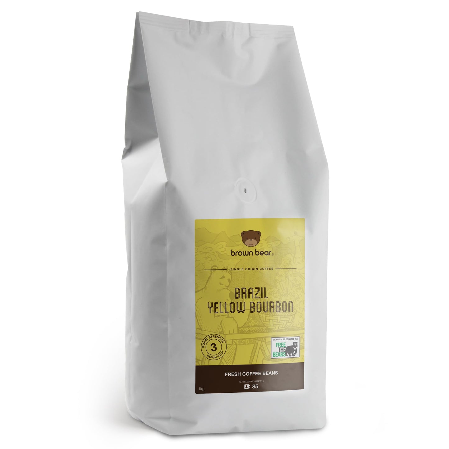 Brazilian Coffee Beans 1kg - Brazil Yellow Bourbon Speciality Coffee - Medium Roast - Brown Bear - Suitable For All Machines - Strength 3