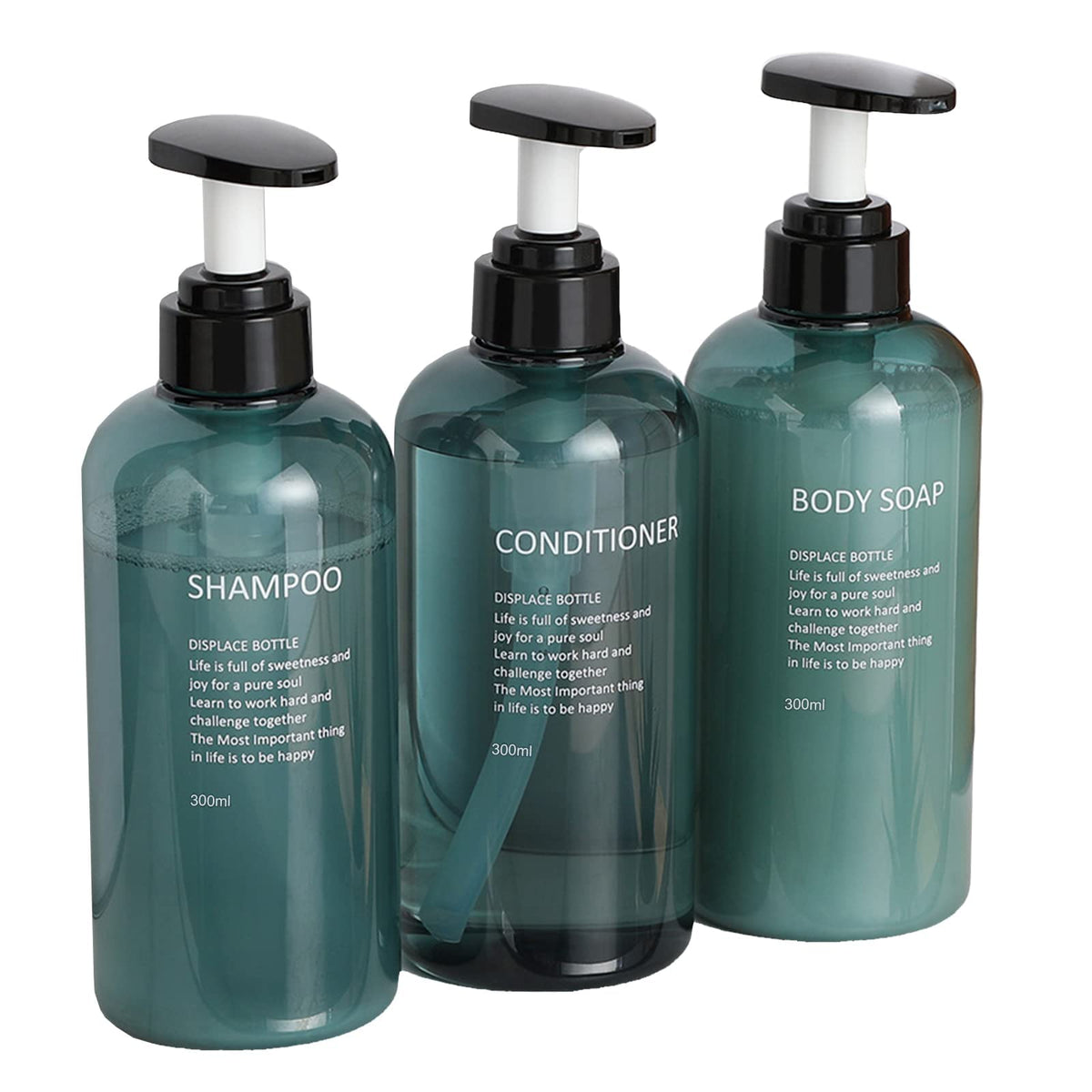 Qikuver 3-Pack 300ml BPA Free Blue Plastic Refillable Pump Bottles, Shampoo Body Wash Lotion Dispenser