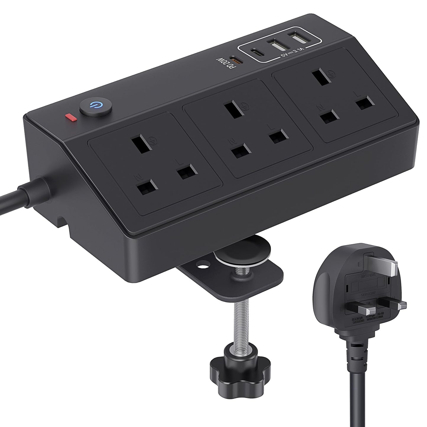 Desk Power Socket with USB C Slots, HAFINO PD 20W Fast Charging Power Station, 2M Extension Lead with USB Slots with Removable Clamp, Desktop Power