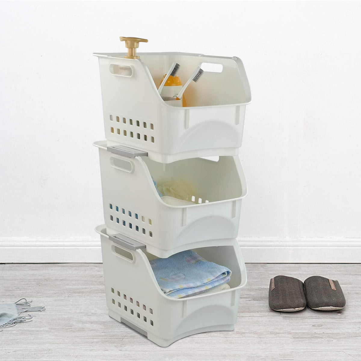 Zerdyne 3 Packs Plastic Stacking Storage Basket, White Stackable Storage Rack Baskets