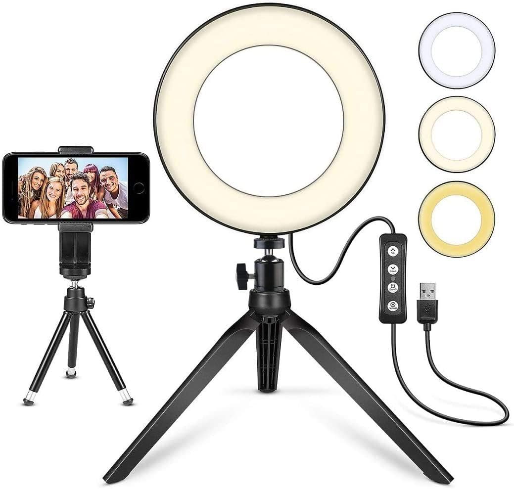LED Ring Light 6" with Tripod Stand for Desk YouTube Video and Makeup, Mini LED Camera Light with Cell Phone Holder Desktop LED Lamp with 3 Light