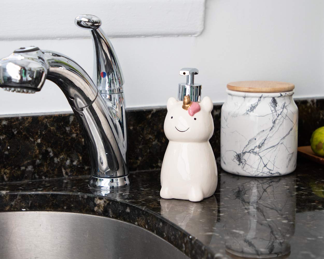 Isaac Jacobs White Ceramic Unicorn, Liquid Soap Pump/Lotion Dispenser with Chrome Metal Pump (Holds Up to 12 Oz) – Great for Bathroom