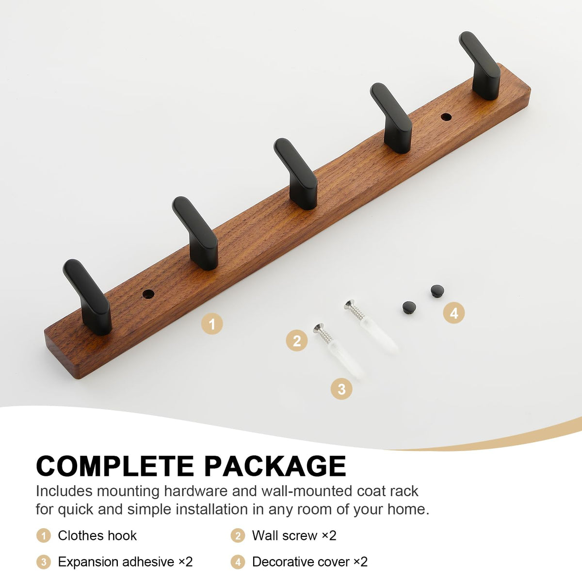 Coat Hooks Wall Mounted, Walnut Wood with 5 Heavy-Duty Aluminium Hooks