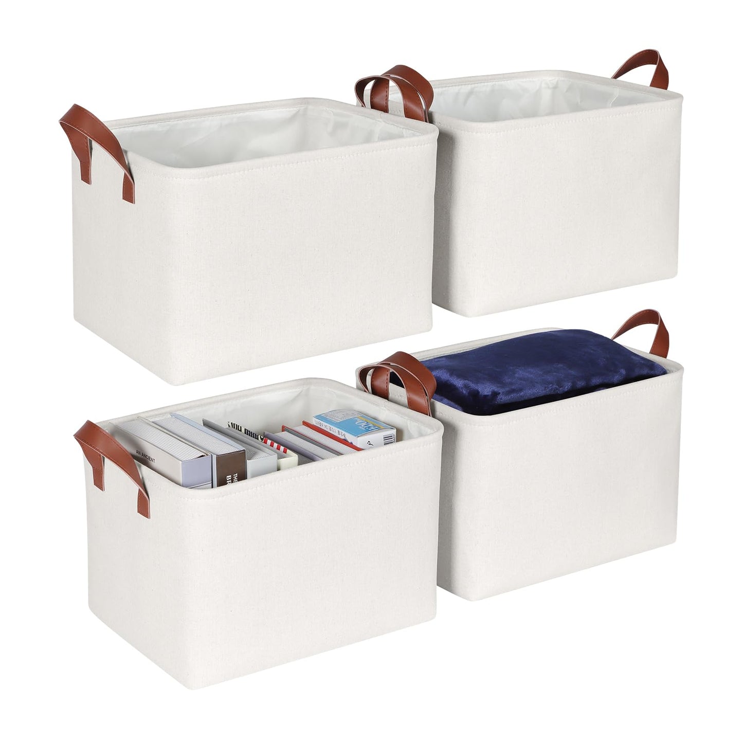 Syeeiex Storage Baskets for Shelves 4 Pack, Fabric Storage Boxes with Leather Long Handles, Foldable Storage Basket for Toys, Clothes
