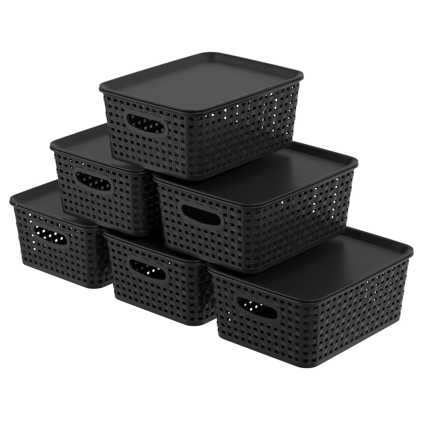 Oymlclivisa 6 Packs Woven Plastic Storage Baskets with Lids, Black