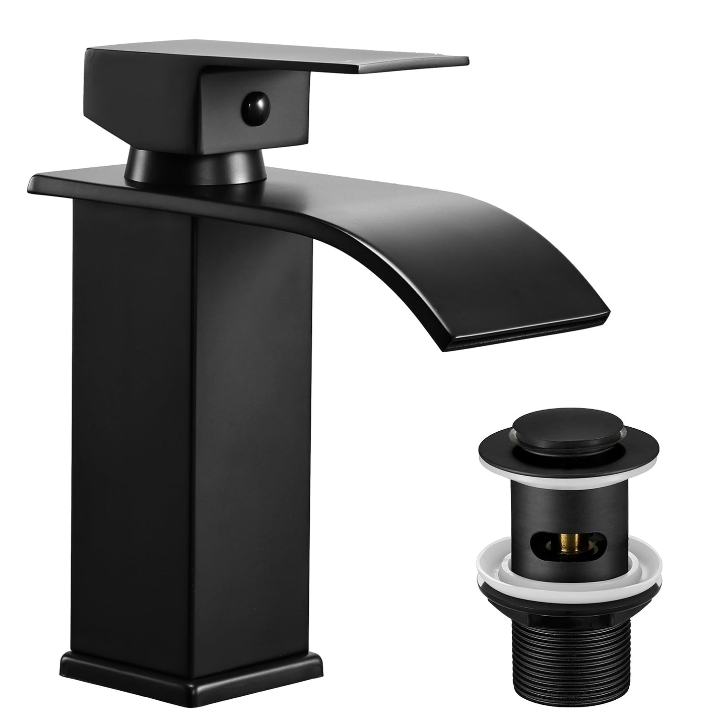 Peppermint Basin Taps Mixers Waterfall Matte Black with Slotted Pop-up Waste Bathroom Sink Mixer Tap Square Monobloc 1 Hole with G1/2'' Hoses Modern