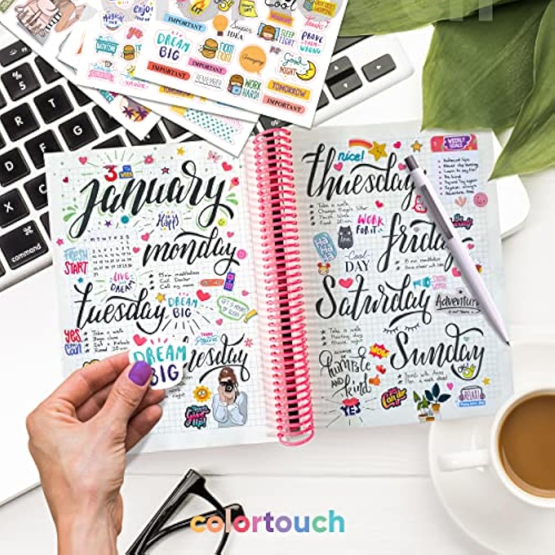 colortouch Sticker Set - 2500+ Pcs Monthly, Weekly, Daily Stickers - 32 Sheets Bullet Journal Sitckers Album for Planner, Organizer, Calendar, Laptop, Collection, Budget, Agenda, Schedule, Scrapbook