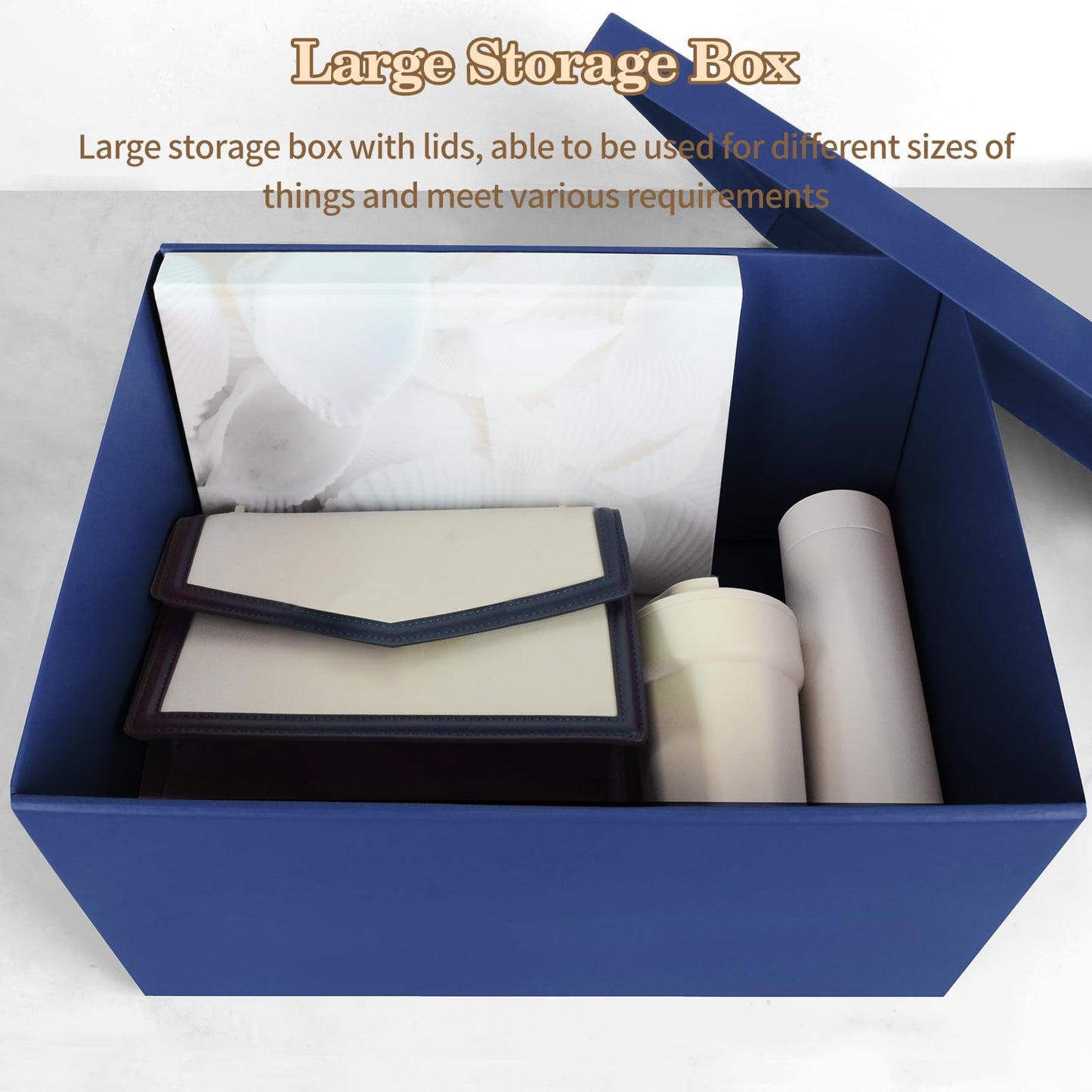 KISPATTI Storage Box, Blue Storage Boxes with Lids 38 x 28 x 19 cm Large Storage Box with Ribbon Cardboard Storage Boxes for Home Bedroom Living Room