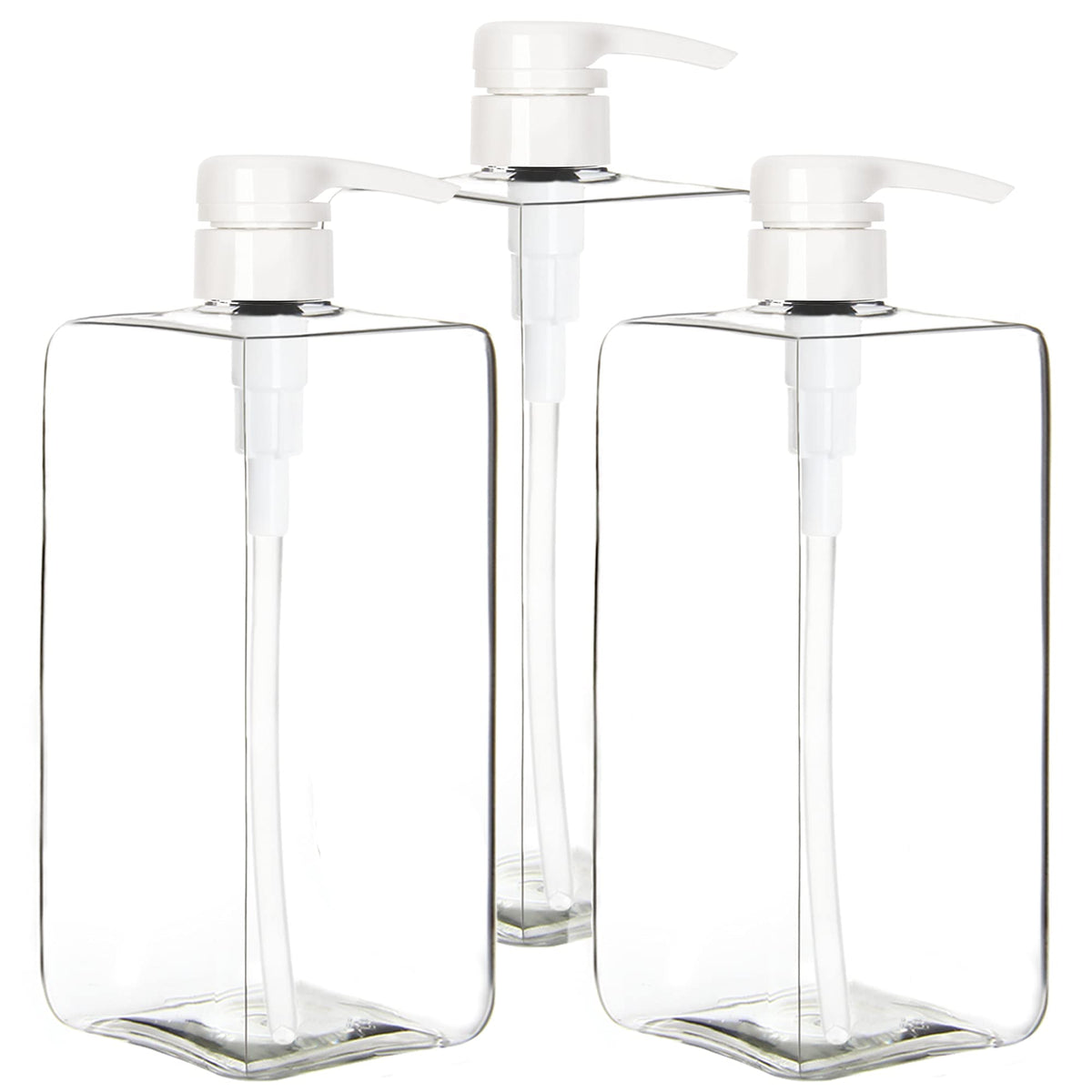 Youngever 3 Pack Pump Bottles for Shampoo 1000ML (1 Liter), Square Empty Shampoo Pump Bottles, Plastic Cylinder with Lockdown Leak Proof Pumps