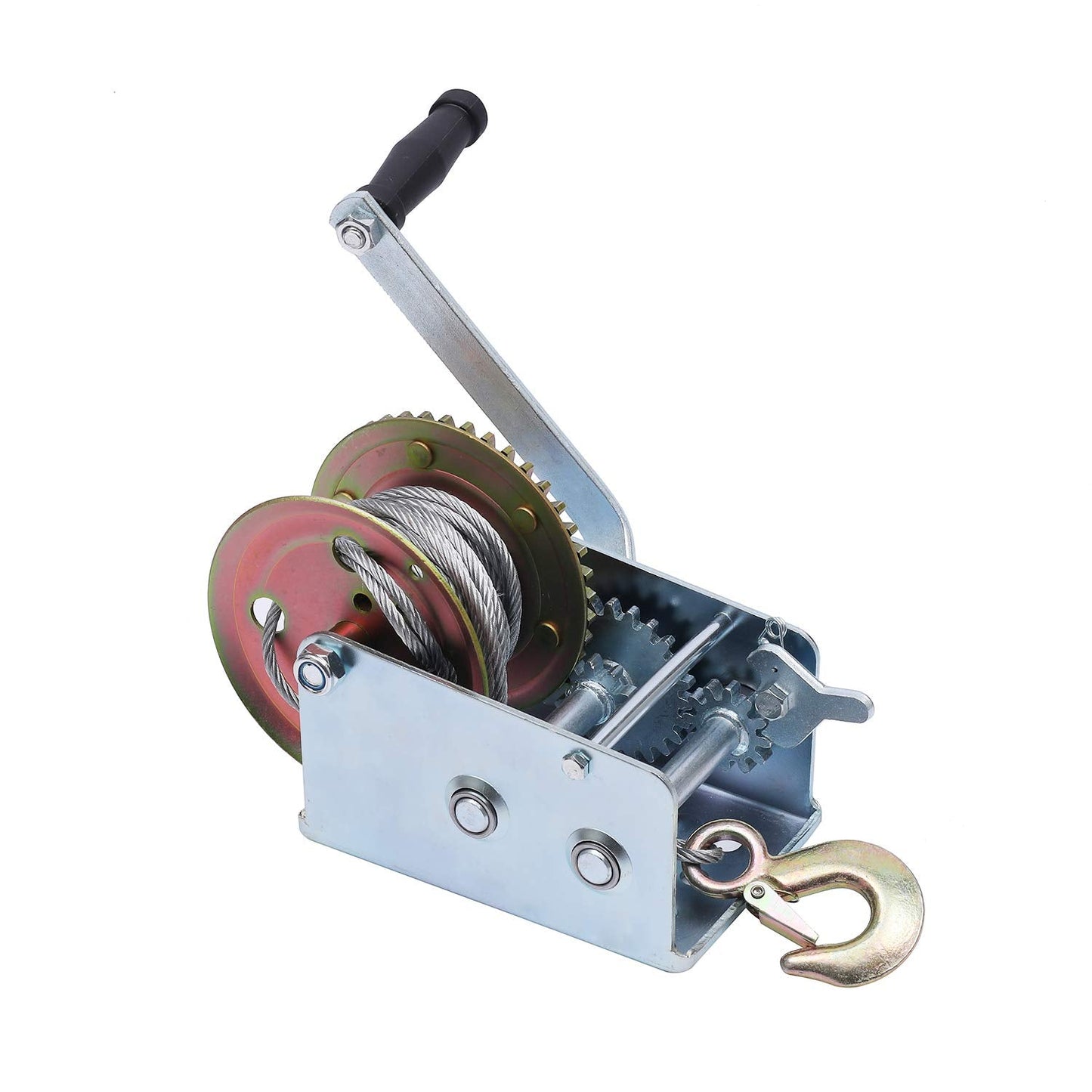 KATSU Heavy Duty Hand Winch, 2500LB 1100KG Car Boat Truck Trailer Winch with 10m Steel Wire Rope, Manual Crank Gear Cable Winch for Dual Ratchet and