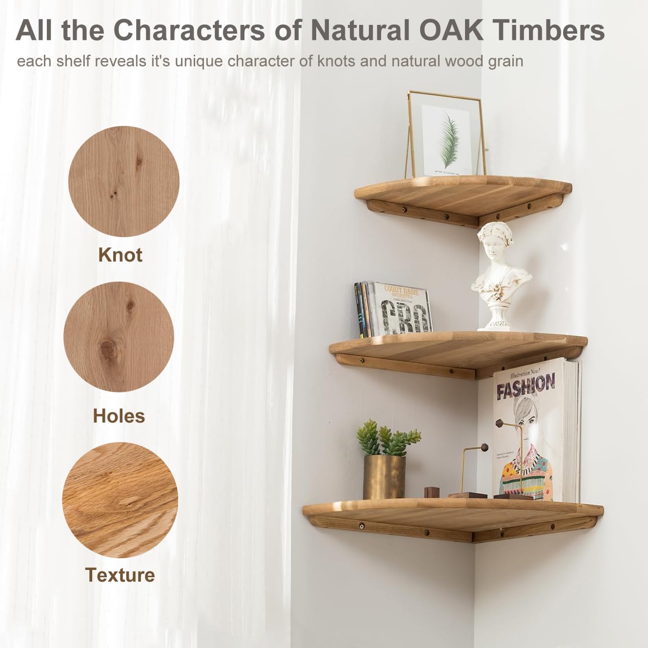 GIEANOO Corner Shelves, Solid Oak Wood Set of 2 Floating Corner Shelves Wall Mount Round End Floating Speaker Shelf With Wire Hole Shelf for Small