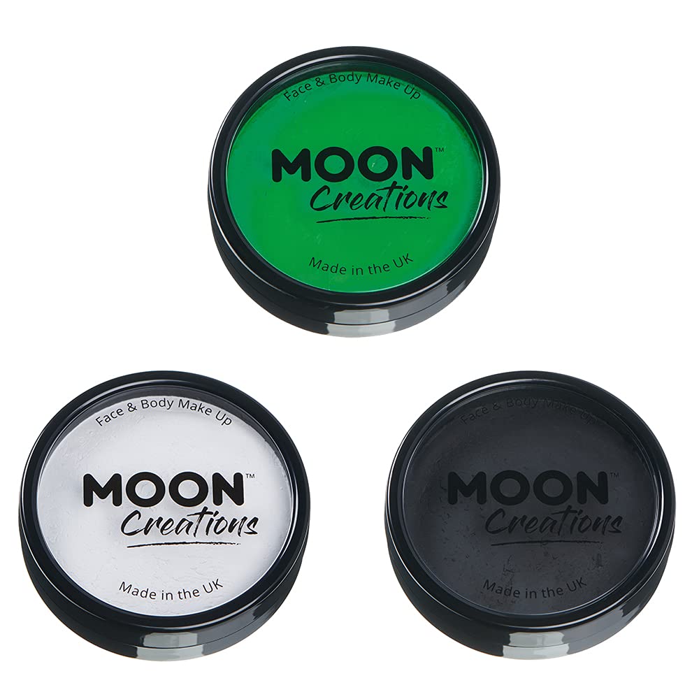 Moon Creations Pro Body & Face Makeup | Bright Green, White, Black Set | 36g | Professional Colour Paint Cake Pots for Face Painting | Kids, Adults,
