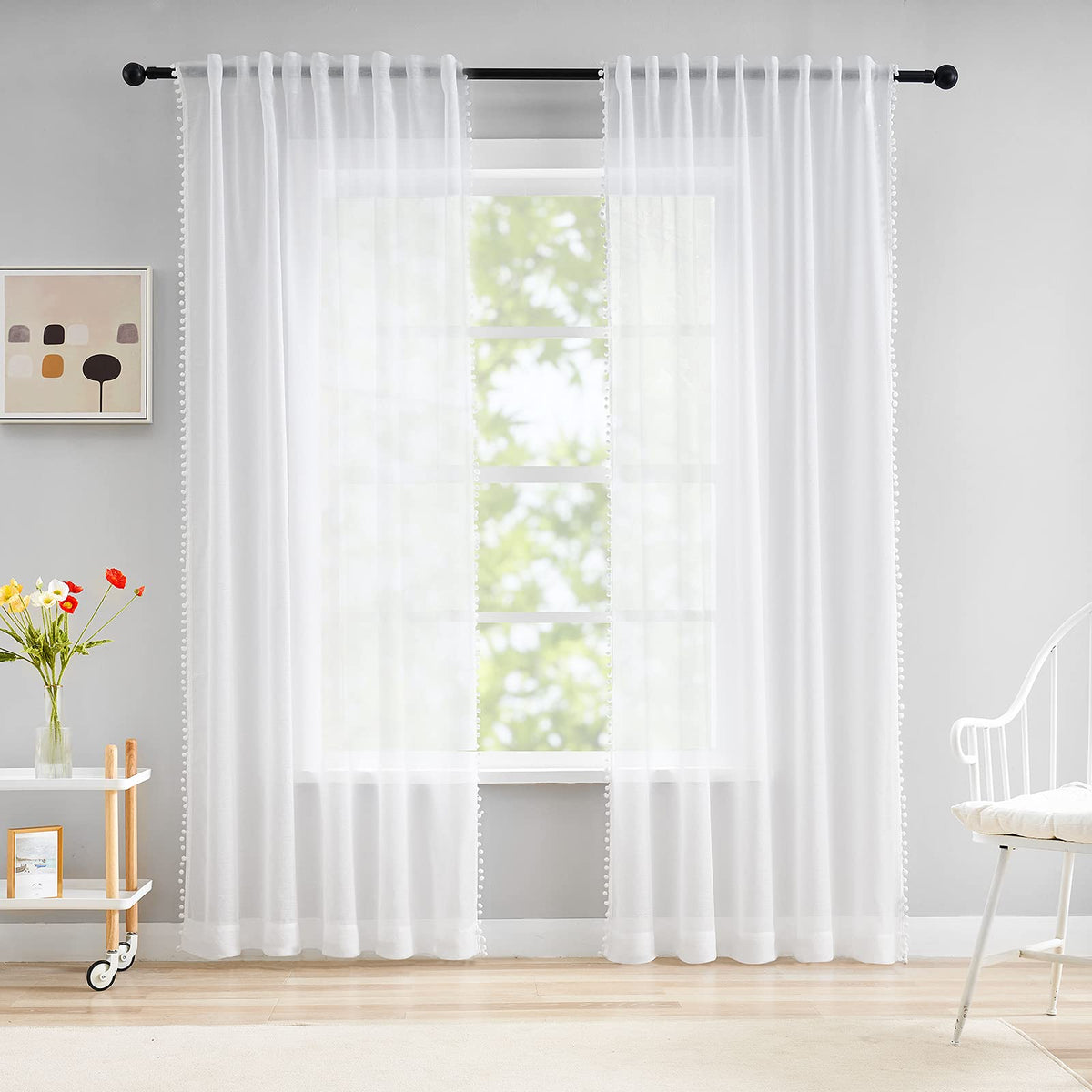 Snow White Sheer Curtains 52 x 90 Inch Bedroom Decorative Pompom Trimmed Voile Window Curtain for Living Room Light Weight Linen Look Solid Pencil