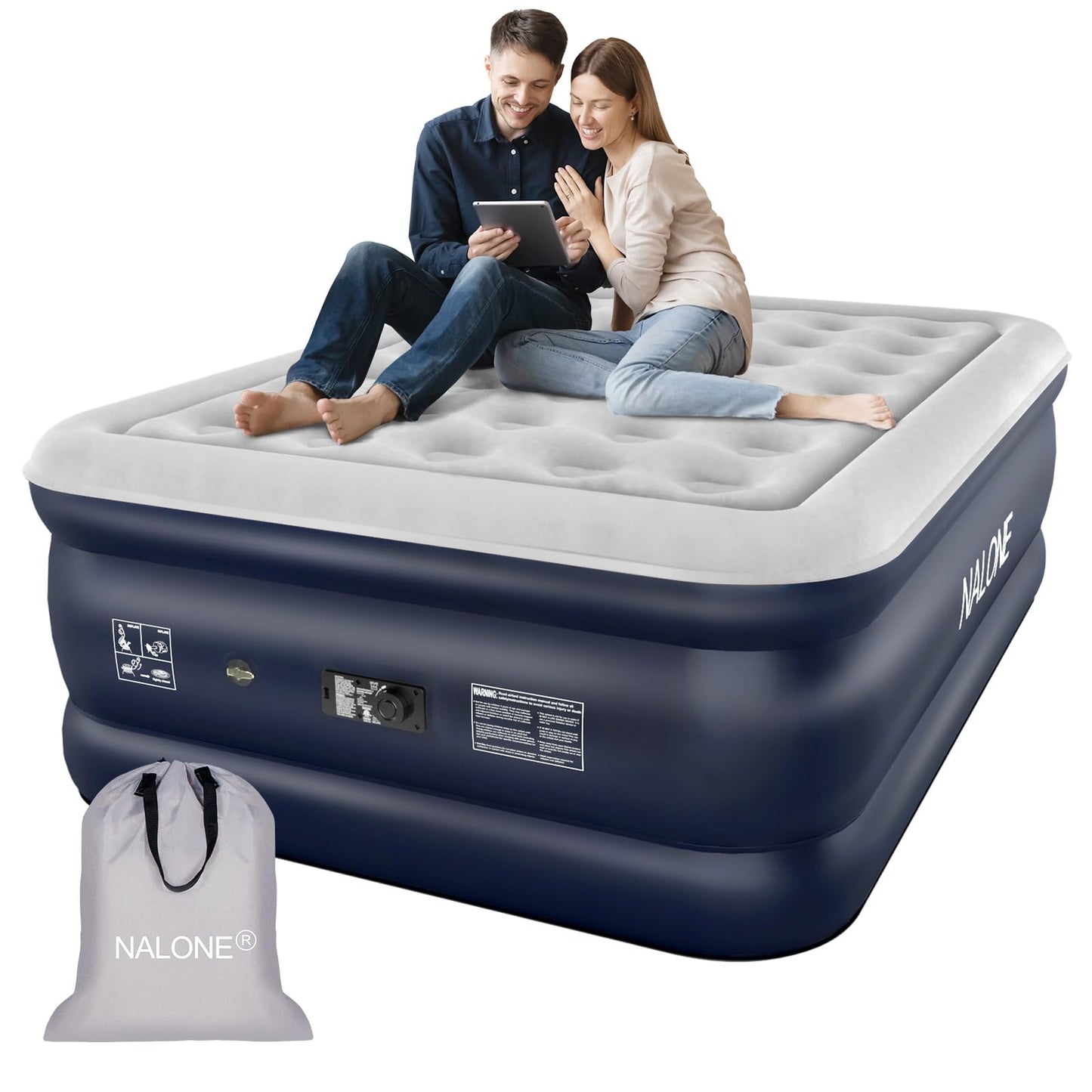 NALONE King Air bed, Inflatable mattress with Built in Pump, 193x137x46cm Double Blow Up Mattress in 3 Mins Self-Inflation/Deflation, Portable air