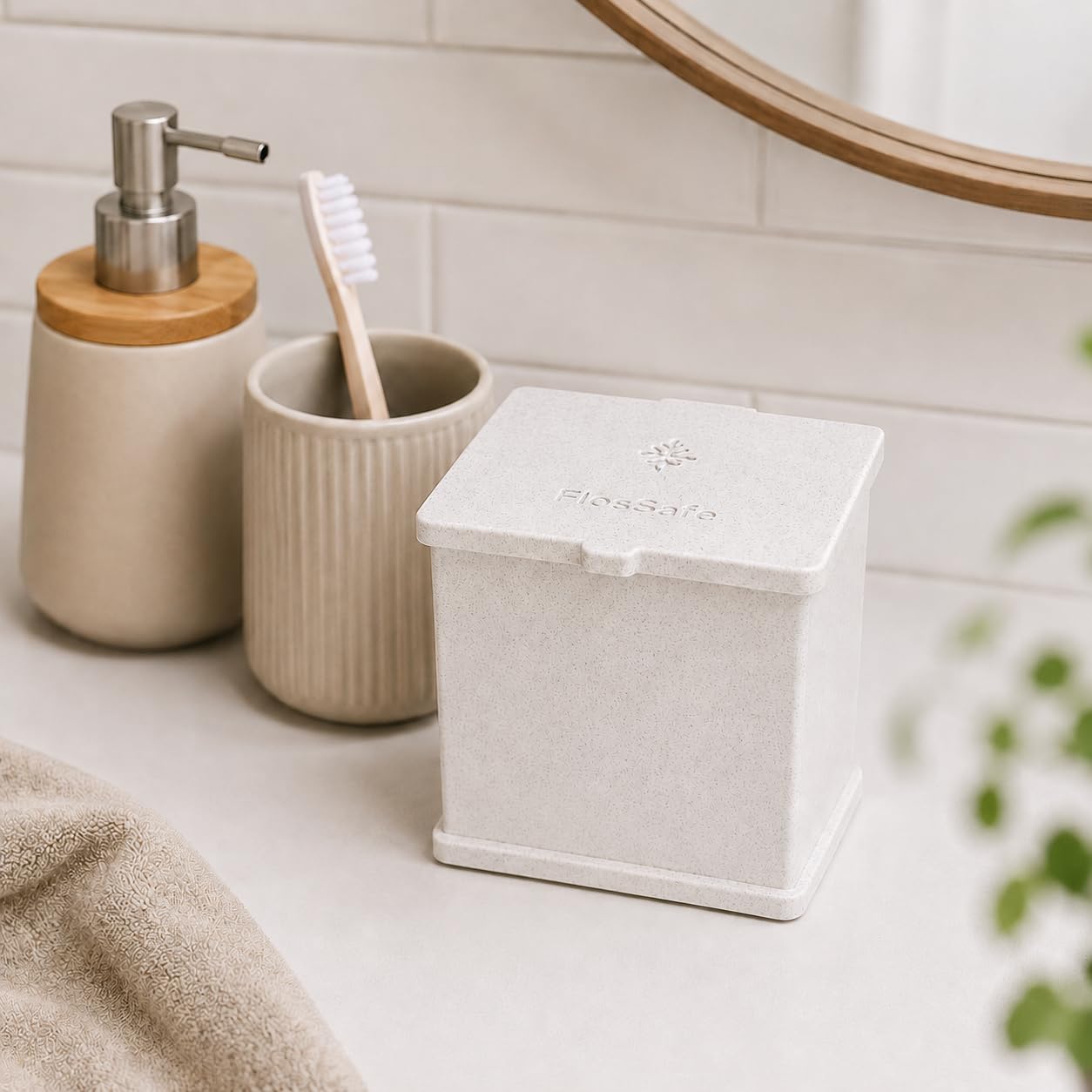 FlosSafe Interdental Brush Holder - TePe Compatible Dental Storage Box | Ventilated Hygienic Organiser - Countertop Marble effect
