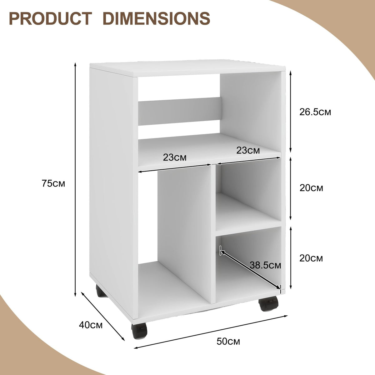 PUNCIA 50x40x75cm Mobile Filing Cabinet with 4 Open Compartments White