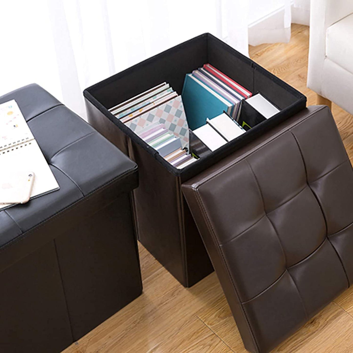 BRIAN & DANY Folding Ottoman Storage Box with Lid, Faux Leather Footstool Toy Storage Box Storage Seat 38 x 38 x 38 cm (Brown)