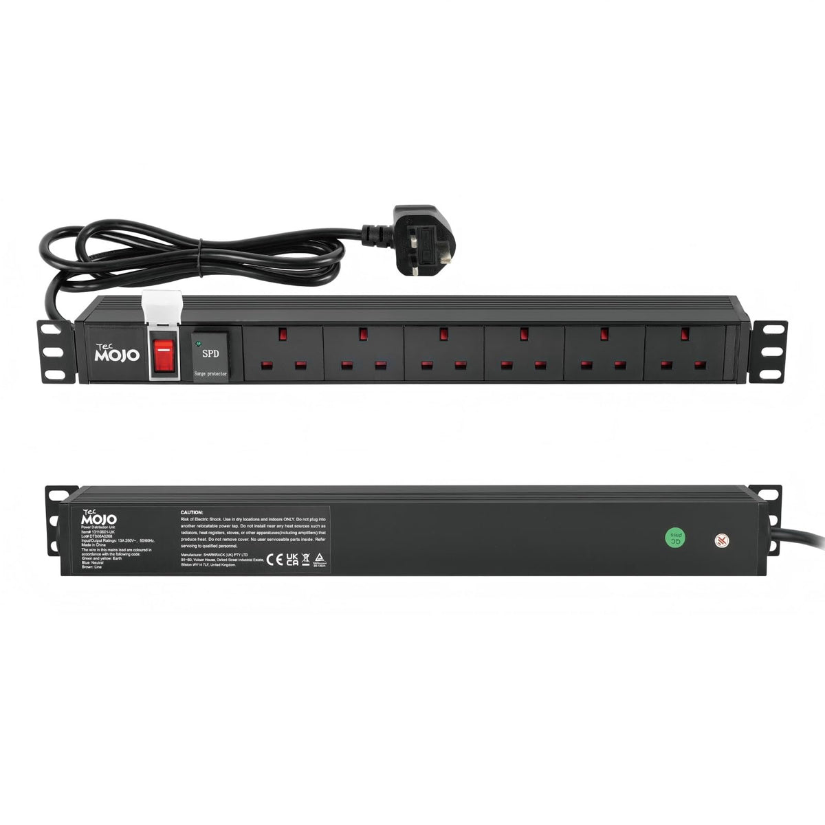 Tecmojo 6 Way 19'' Rack Mount PDU 13A Switched Power distribution Unit, Wall Mountable, Surge Protection, Aluminum Alloy With UK Plug, 2M Cable