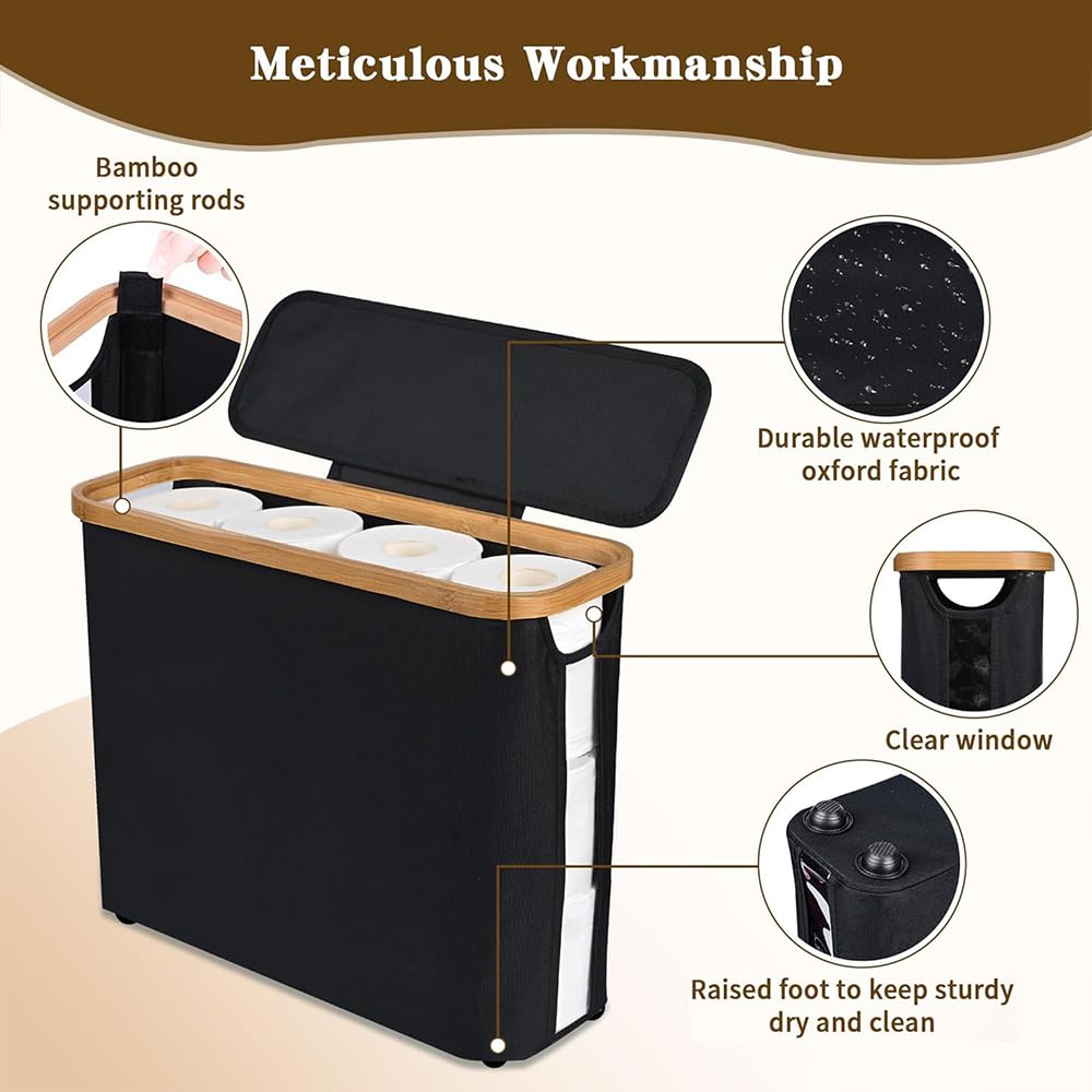 Freestanding Toilet Paper Holder with Bamboo Lid, 30L Toilet Roll Storage Box & Organiser for 12 Rolls, Space-Saving Bathroom Storage Basket (Black)