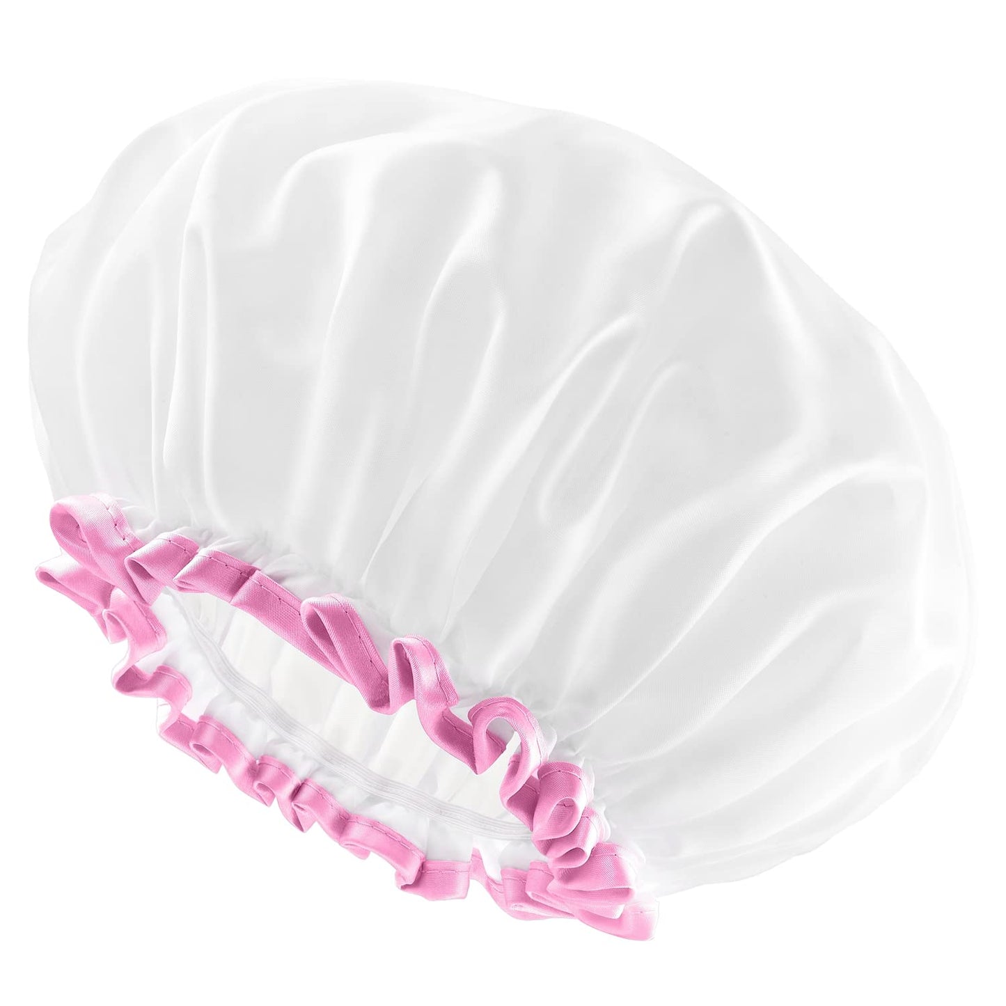 mikimini White Large Shower Cap for Women Long Hair, Reusable Waterproof Double Layers Bathing Hair Cap Soft Comfortable PEVA Lining, Cute, Non-fading